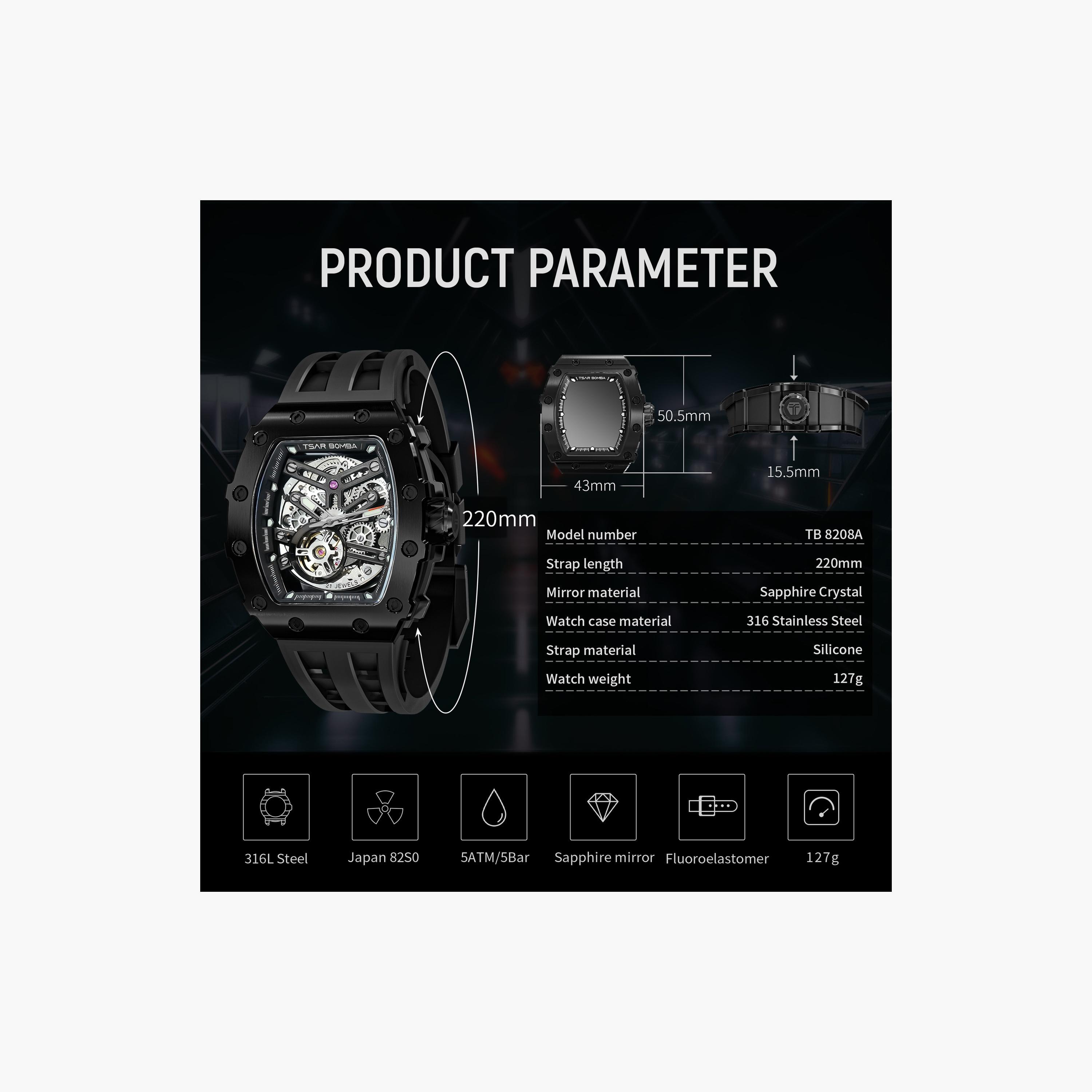 تسار بومبا - ساعة رجالية أوتوماتيكية من السيليكون - أسود - 43 مم | TB8208A-45-men-watchesandjewellery-watches-image-6