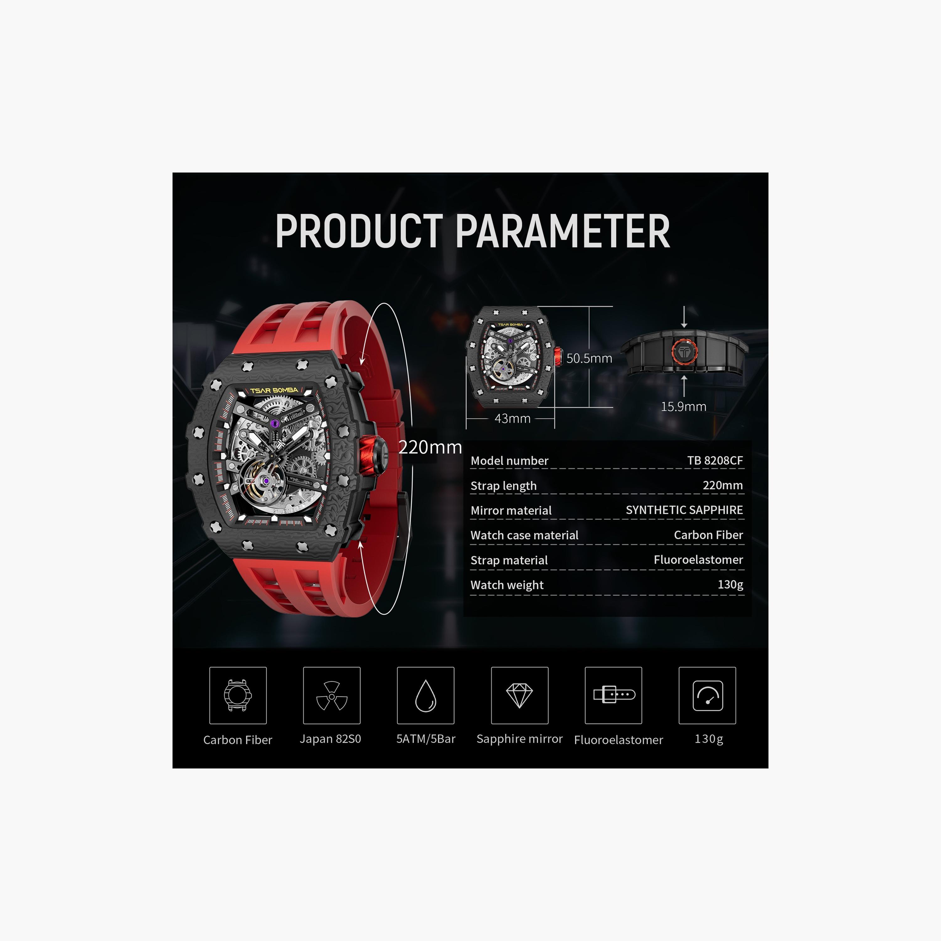 Tsar Bomba Men's 43MM Red Automatic Silicone Strap Watch | TB8208CF-39-men-watchesandjewellery-watches-image-6