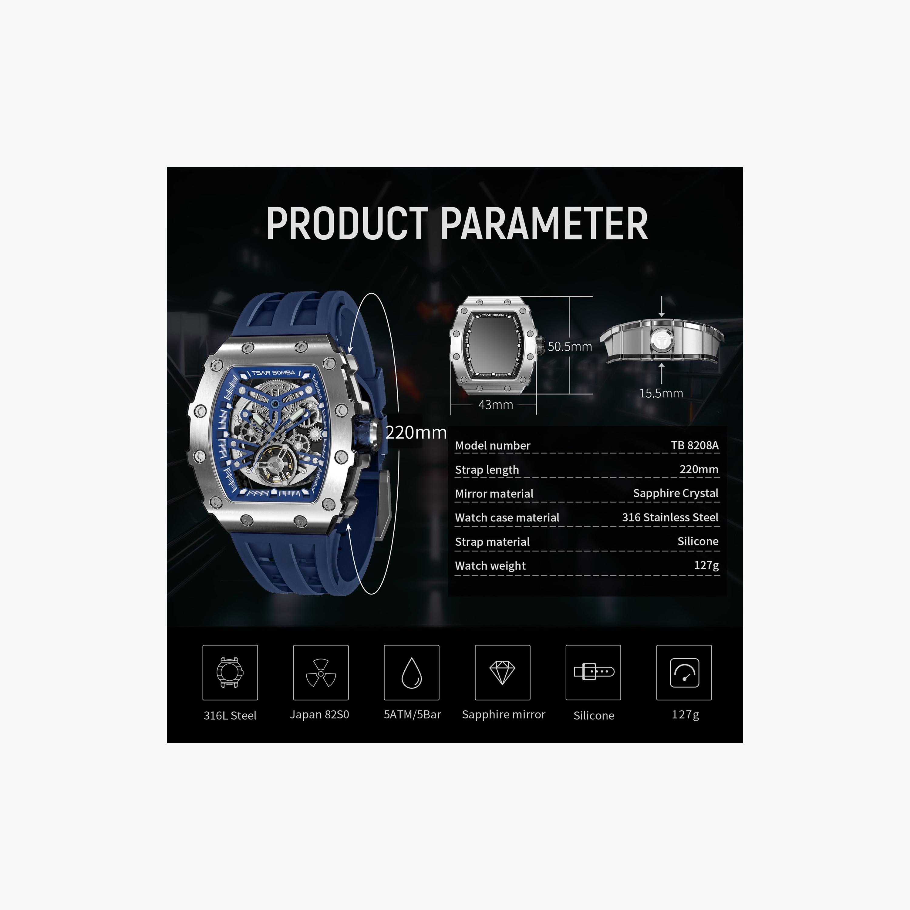 تسار بومبا - ساعة رجالية أوتوماتيكية من السيليكون - أزرق - 43 مم | TB8208A-11-men-watchesandjewellery-watches-image-6