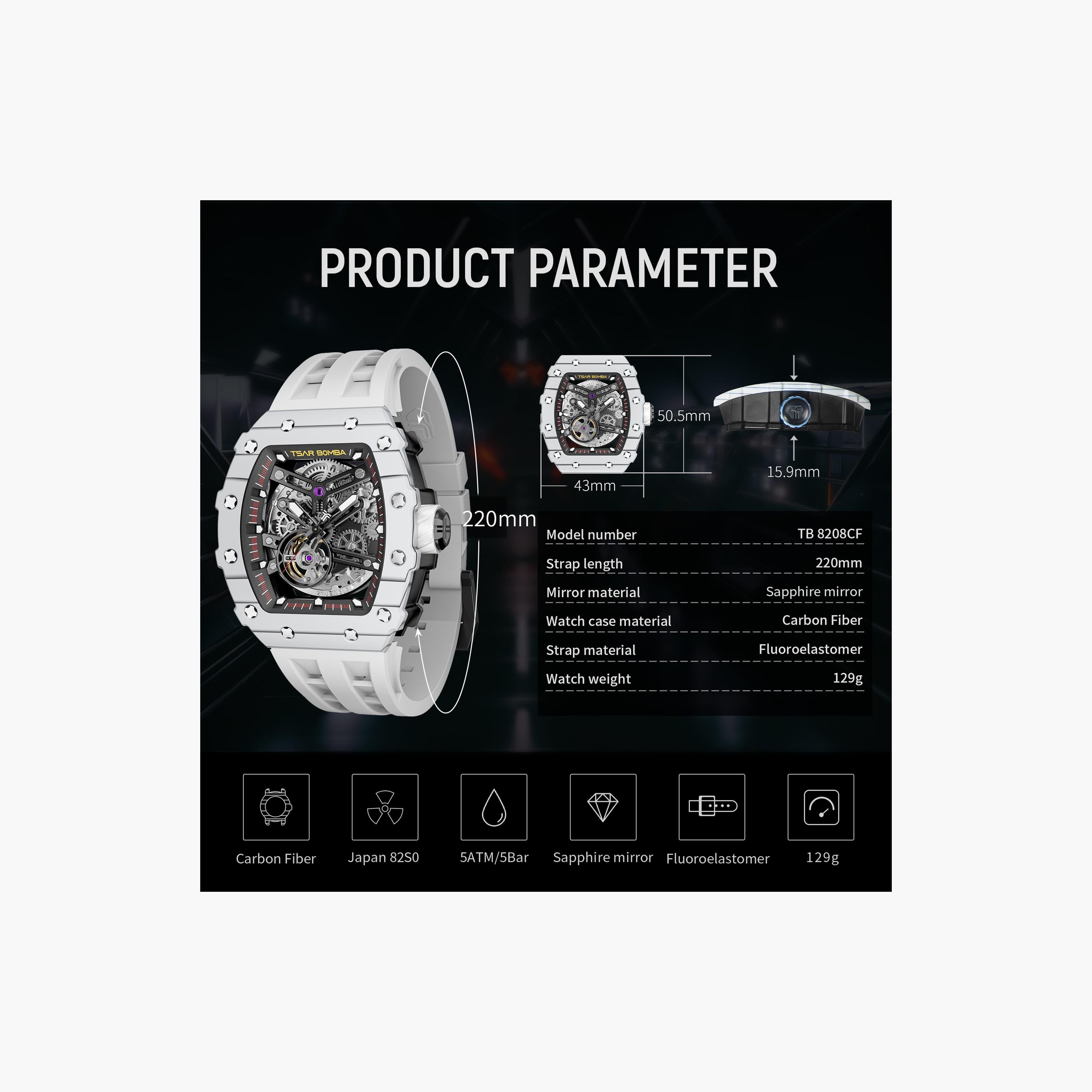 تسار بومبا - ساعة رجالية أوتوماتيكية من السيليكون - أبيض - 43 مم | TB8208CF-35-men-watchesandjewellery-watches-image-6