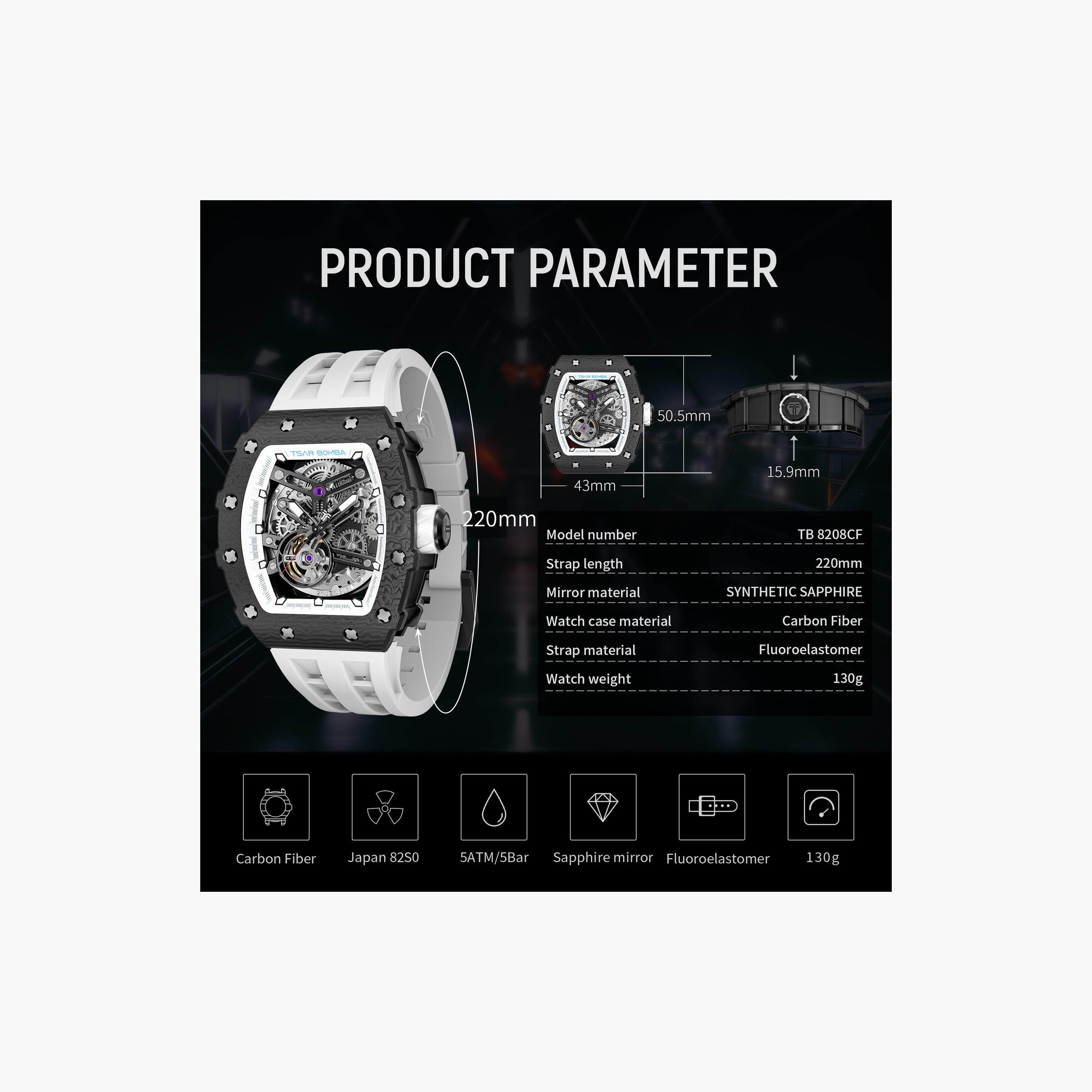 Tsar Bomba Men's 43MM White Automatic Silicone Strap Watch | TB8208CF-40-men-watchesandjewellery-watches-image-6