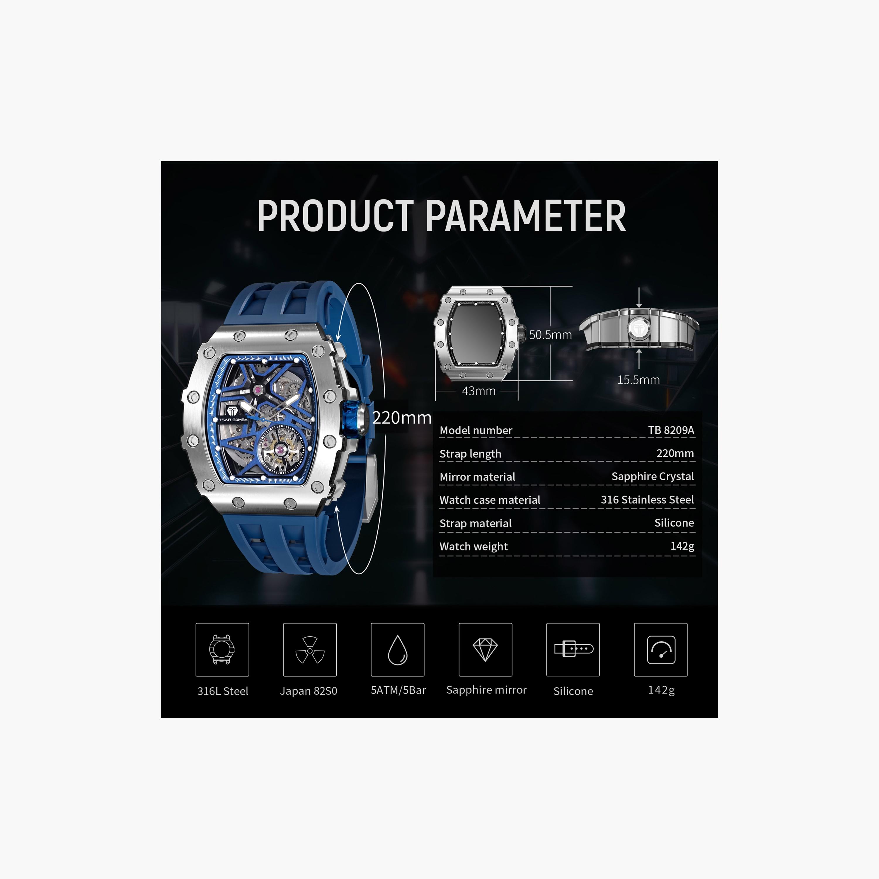 تسار بومبا - ساعة رجالية أوتوماتيكية من السيليكون - أزرق - 43 مم | TB8209A-03-men-watchesandjewellery-watches-image-6