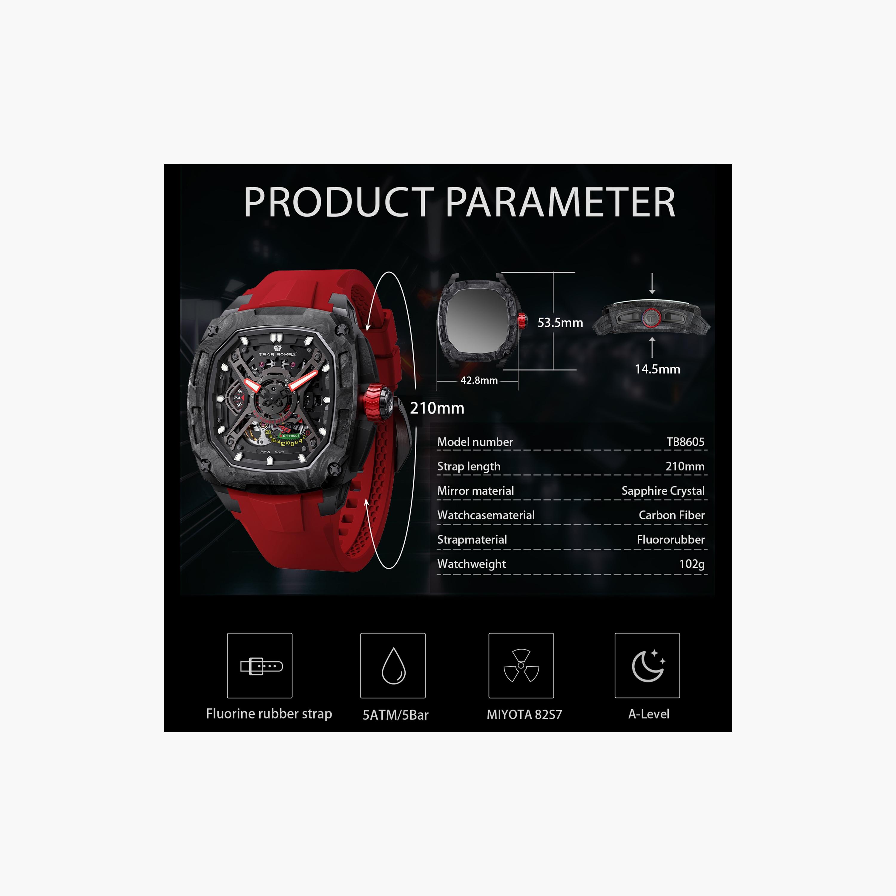 تسار بومبا - ساعة رجالية أوتوماتيكية من السيليكون - أحمر - 43 مم | TB8605A-01-men-watchesandjewellery-watches-image-6