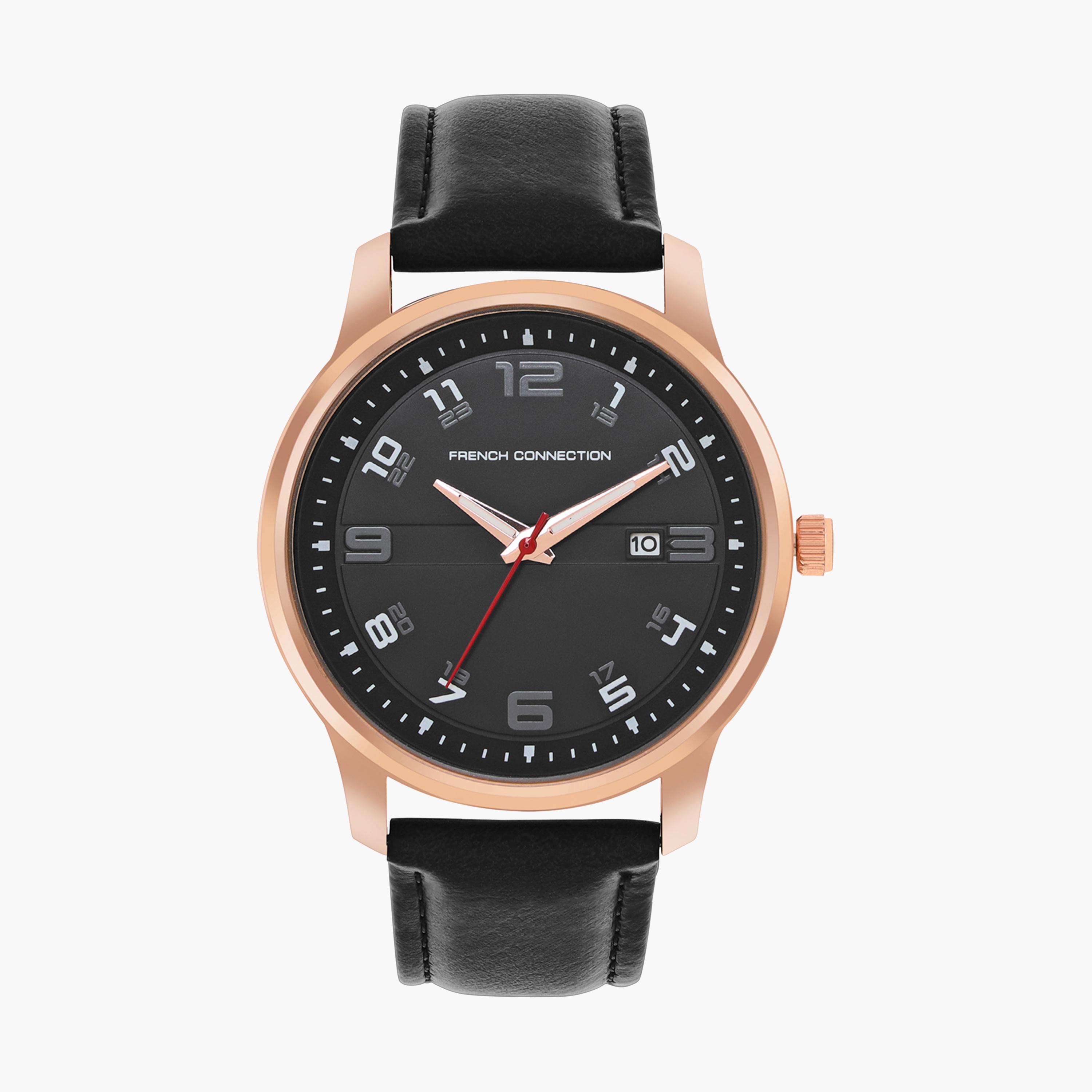 فرينش كونيكشن- ساعة رجالية تناظرية سوار جلدي لون أسود  43 مم | FCN00046E-men-watchesandjewellery-watches-image-1