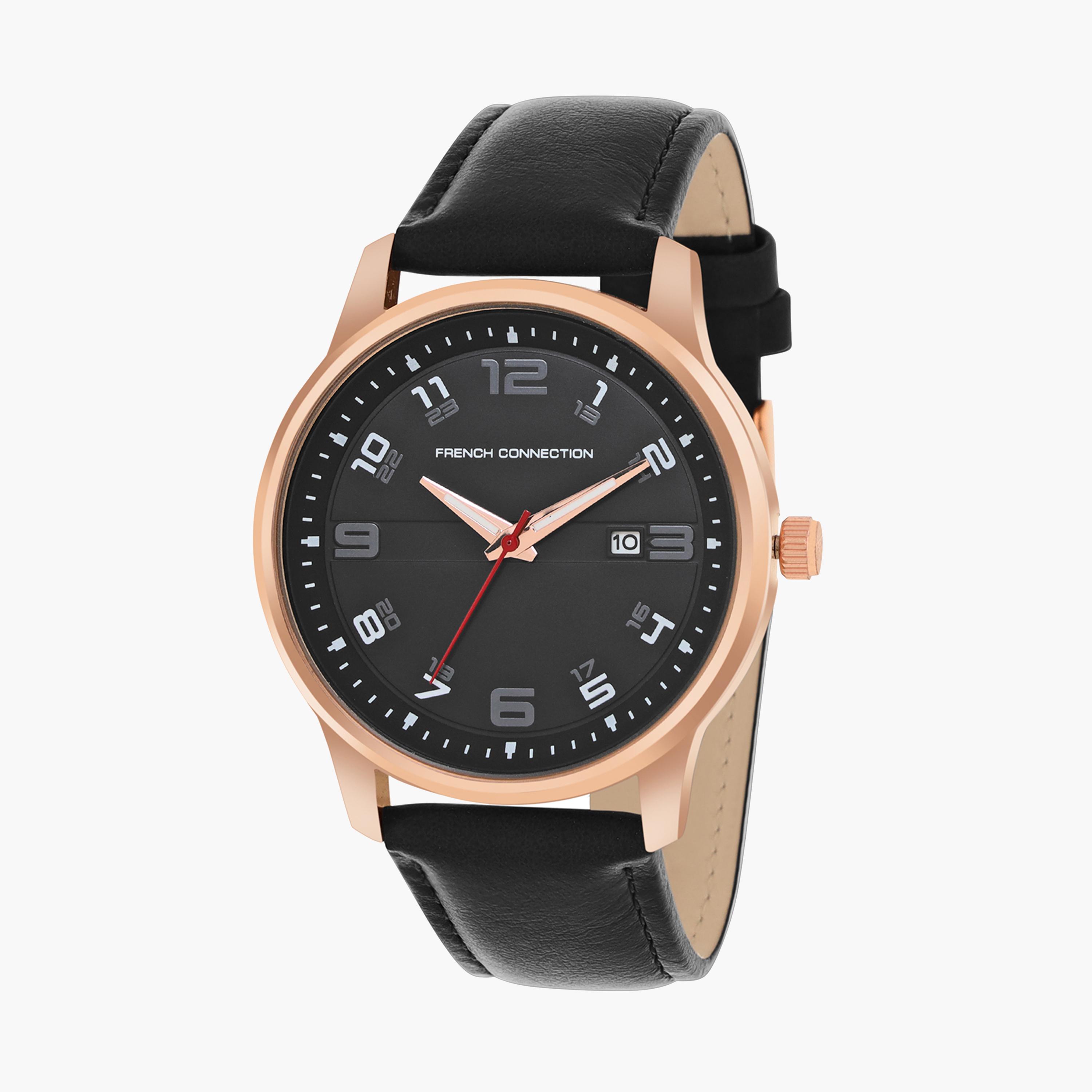 فرينش كونيكشن- ساعة رجالية تناظرية سوار جلدي لون أسود  43 مم | FCN00046E-men-watchesandjewellery-watches-image-2