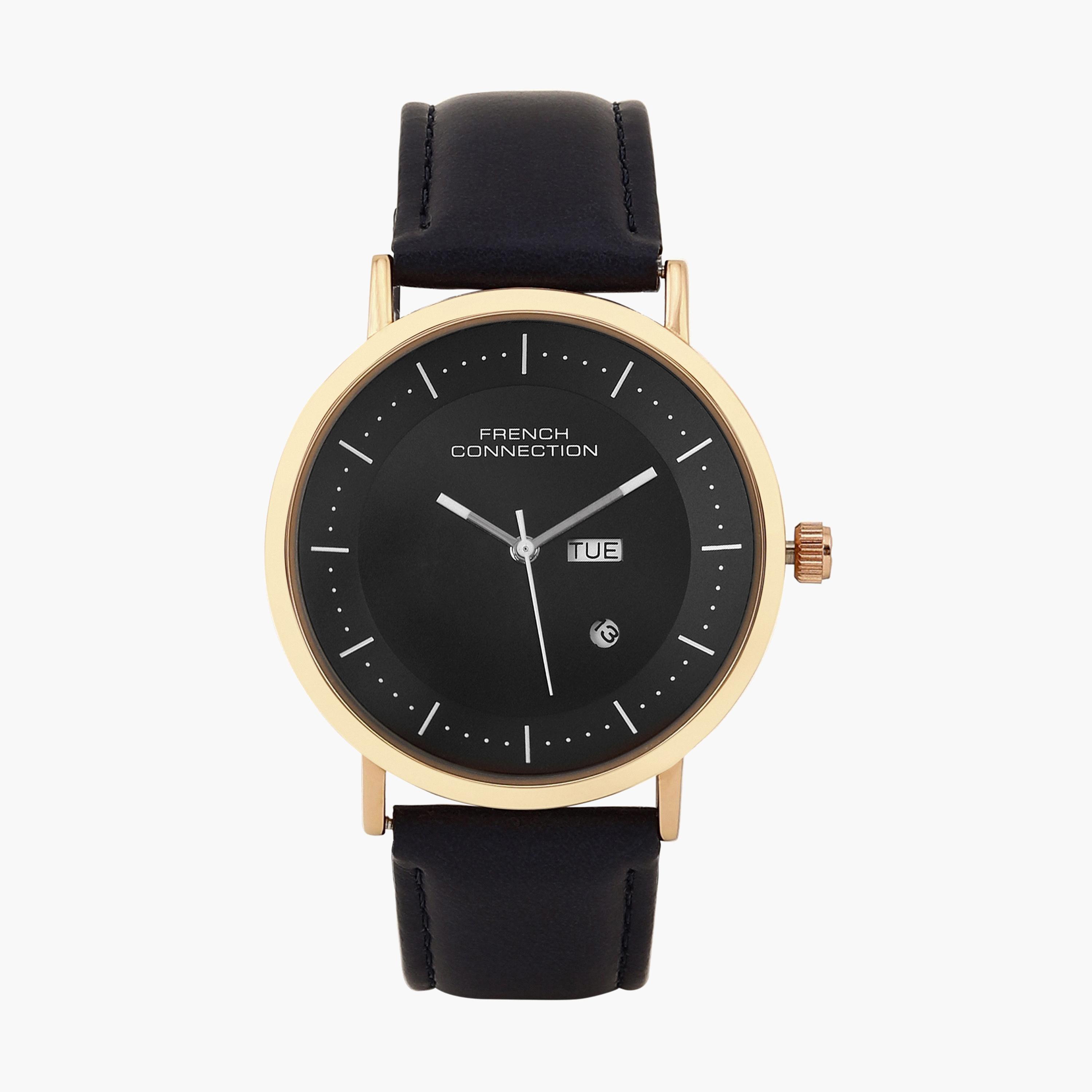 فرينش كونيكشن- ساعة رجالية تناظرية سوار جلدي لون أسود  42 مم | FCN00044C-men-watchesandjewellery-watches-image-1