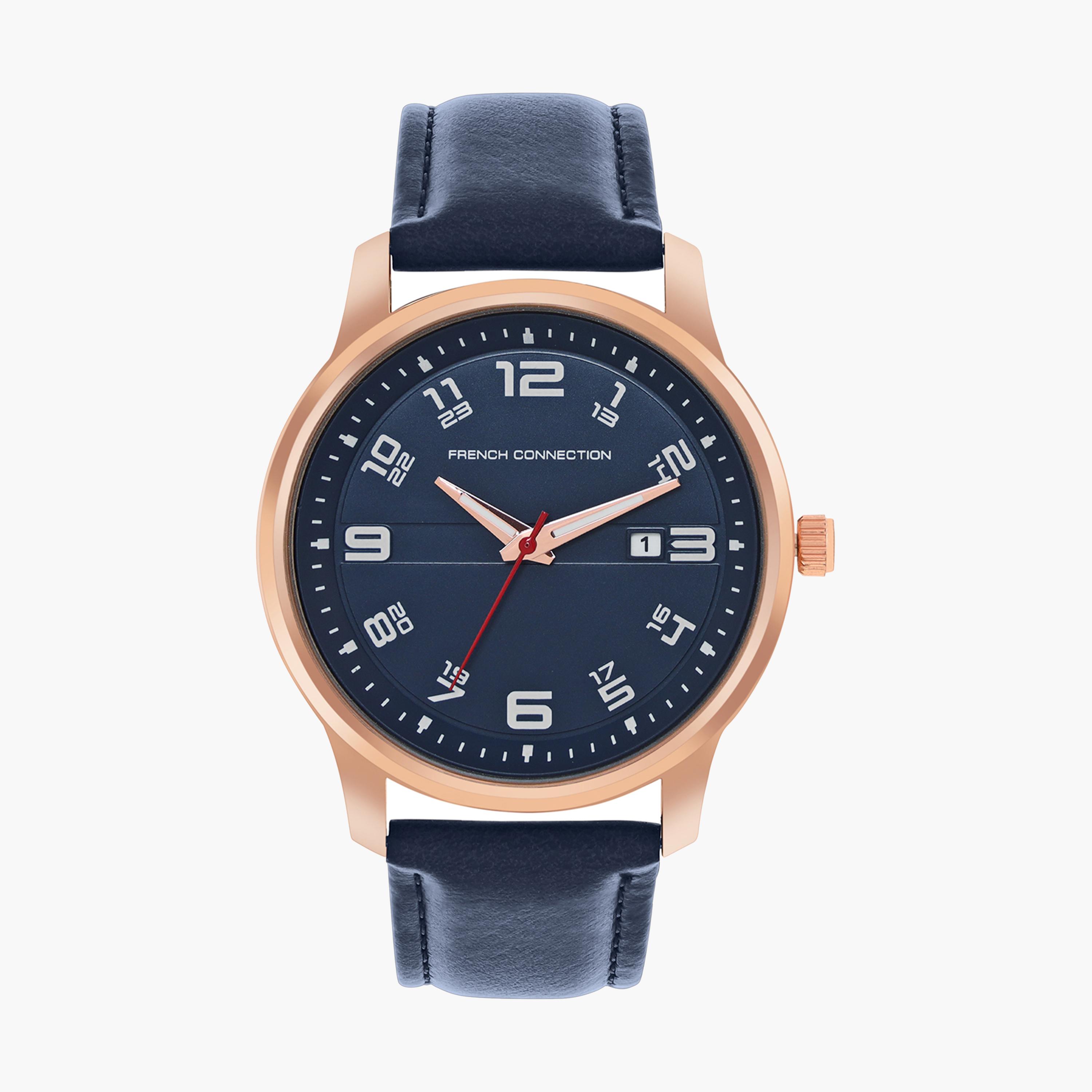 فرينش كونيكشن- ساعة رجالية تناظرية سوار جلدي لون أزرق  43 مم | FCN00046D-men-watchesandjewellery-watches-image-1