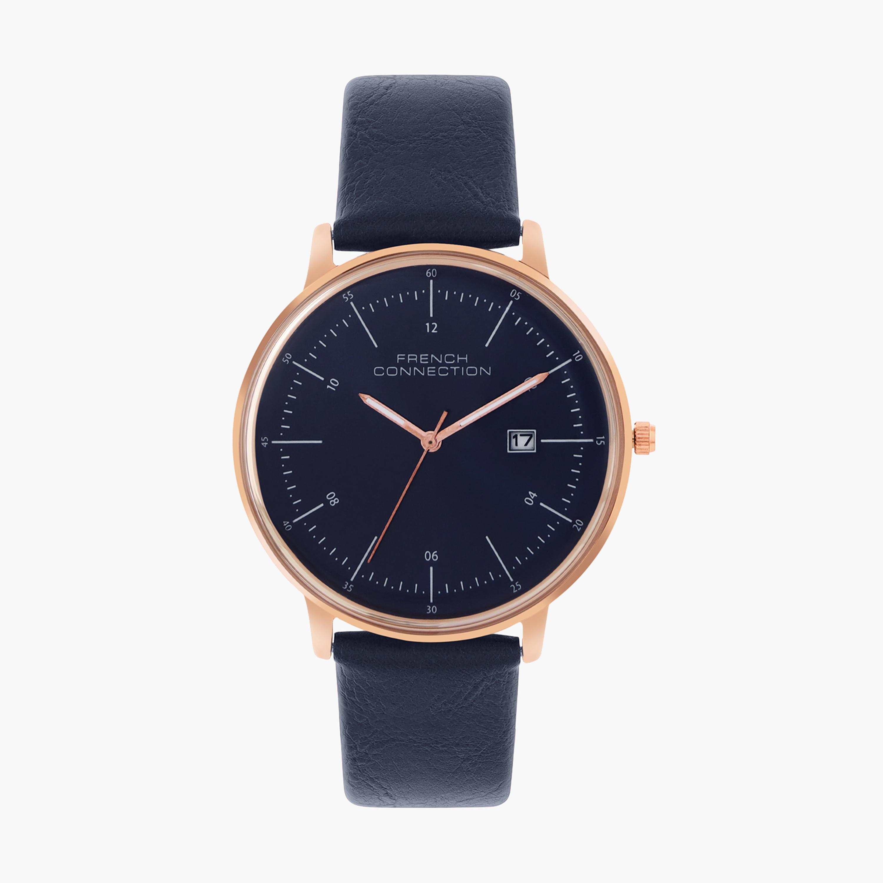 فرينش كونيكشن- ساعة رجالية تناظرية سوار جلدي لون أزرق  42 مم | FCN00094D-men-watchesandjewellery-watches-image-1