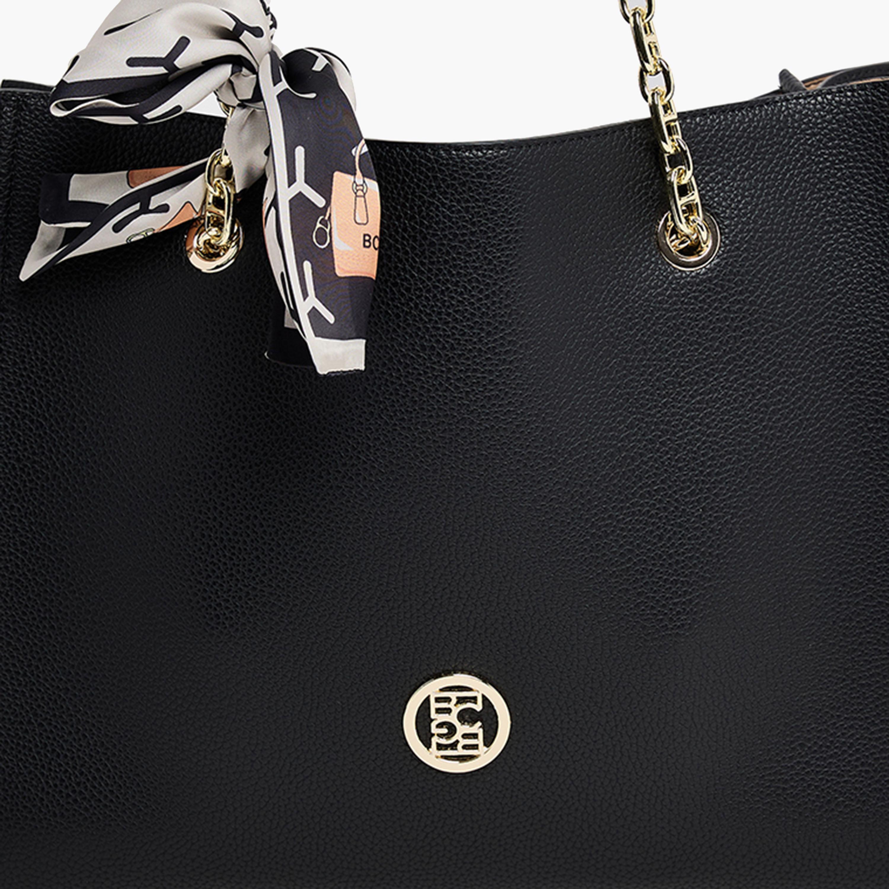 BCBG Textured Double-Handle Shoulder Bag with Magnetic Closure and Chain Strap | 35.5 x 26.5 x 14.5 cm-women-bagsandwallets-handbags-image-15