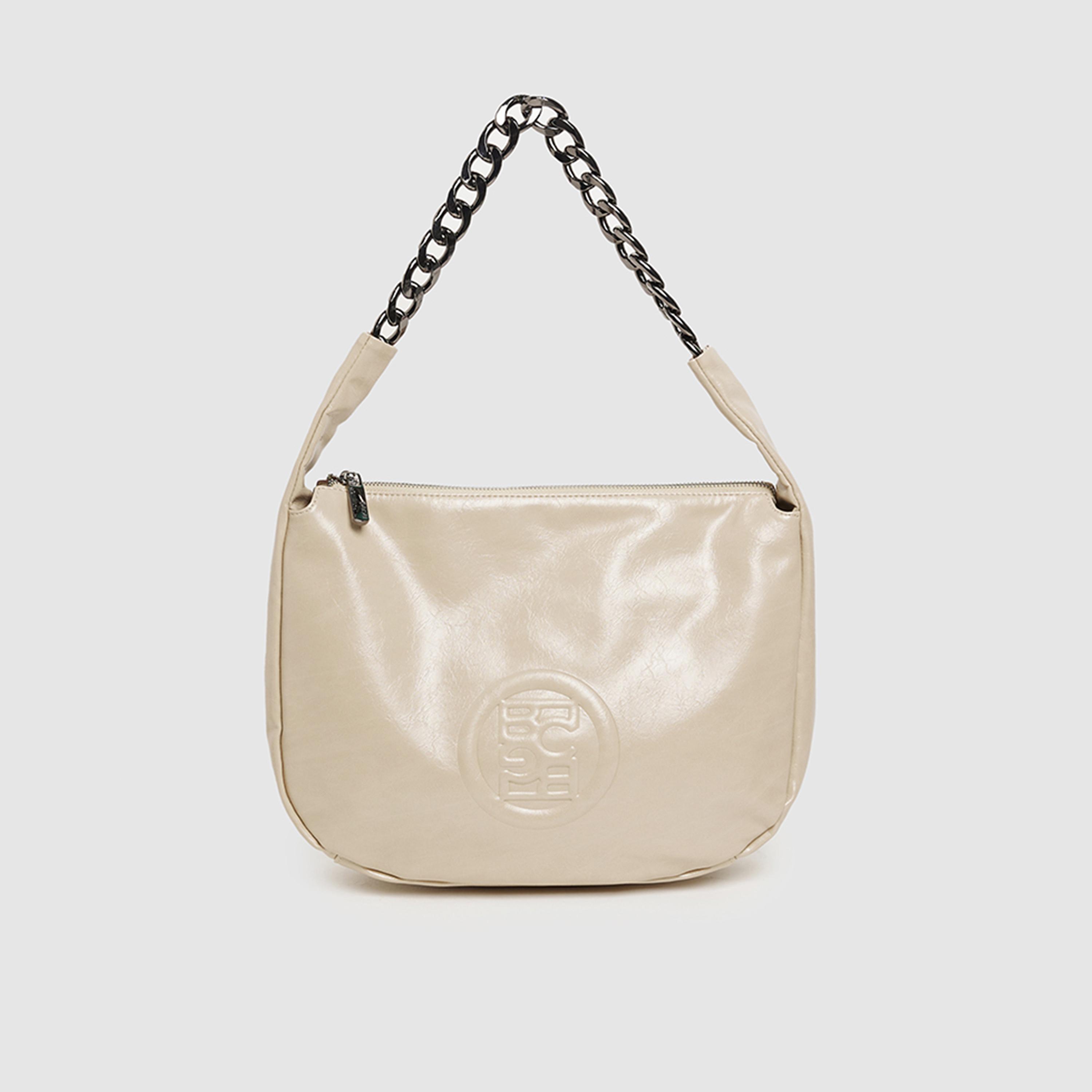 BCBG Textured Shoulder Bag with Zipper and Chain Strap | 33 x 22 x 9.5 cm-women-bagsandwallets-handbags-image-1