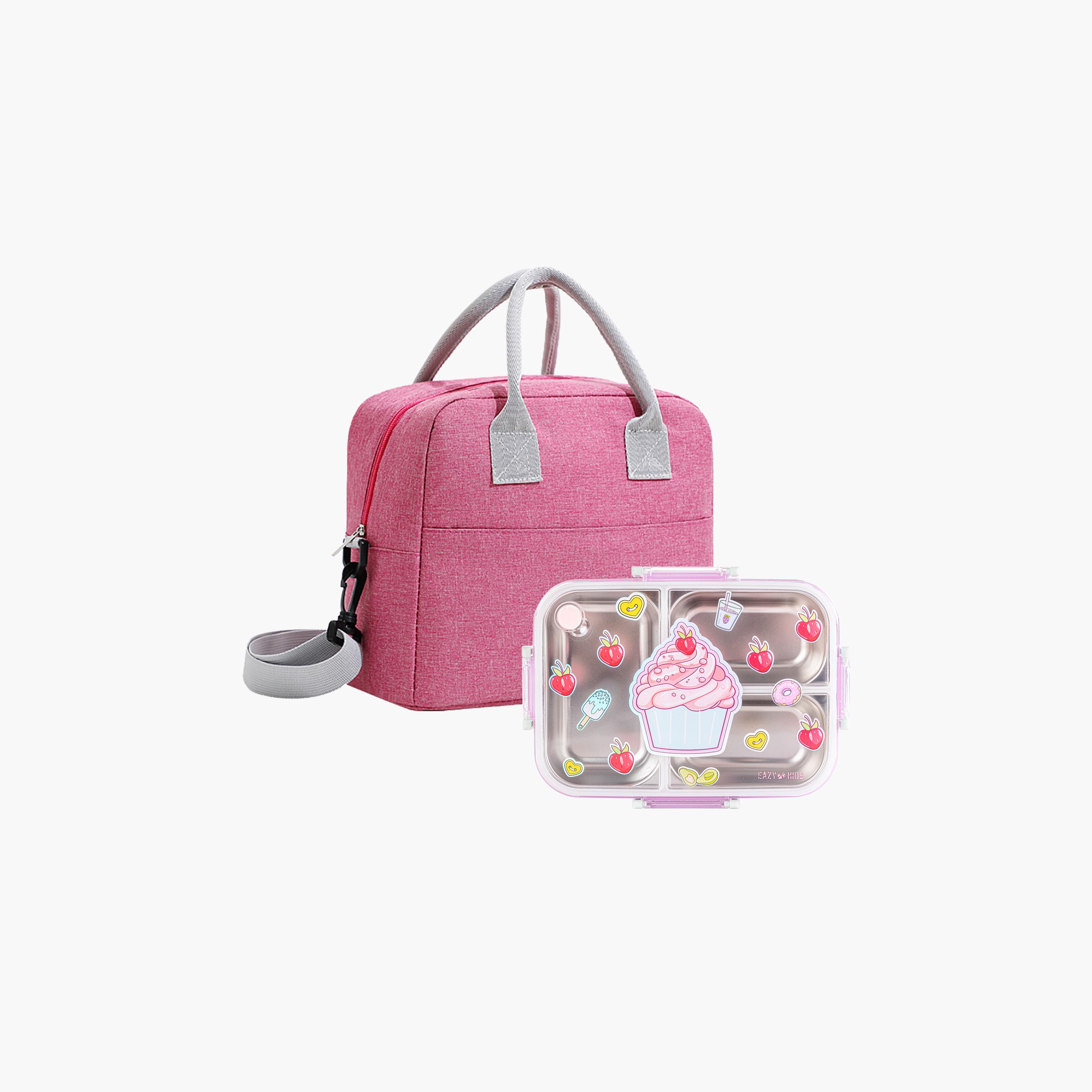 Eazy Kids 3-Compartment Stainless Steel Bento Lunch Box with Bag - 800 ml - Cup Cake - Purple-school-lunchessentials-lunchboxes-image-1