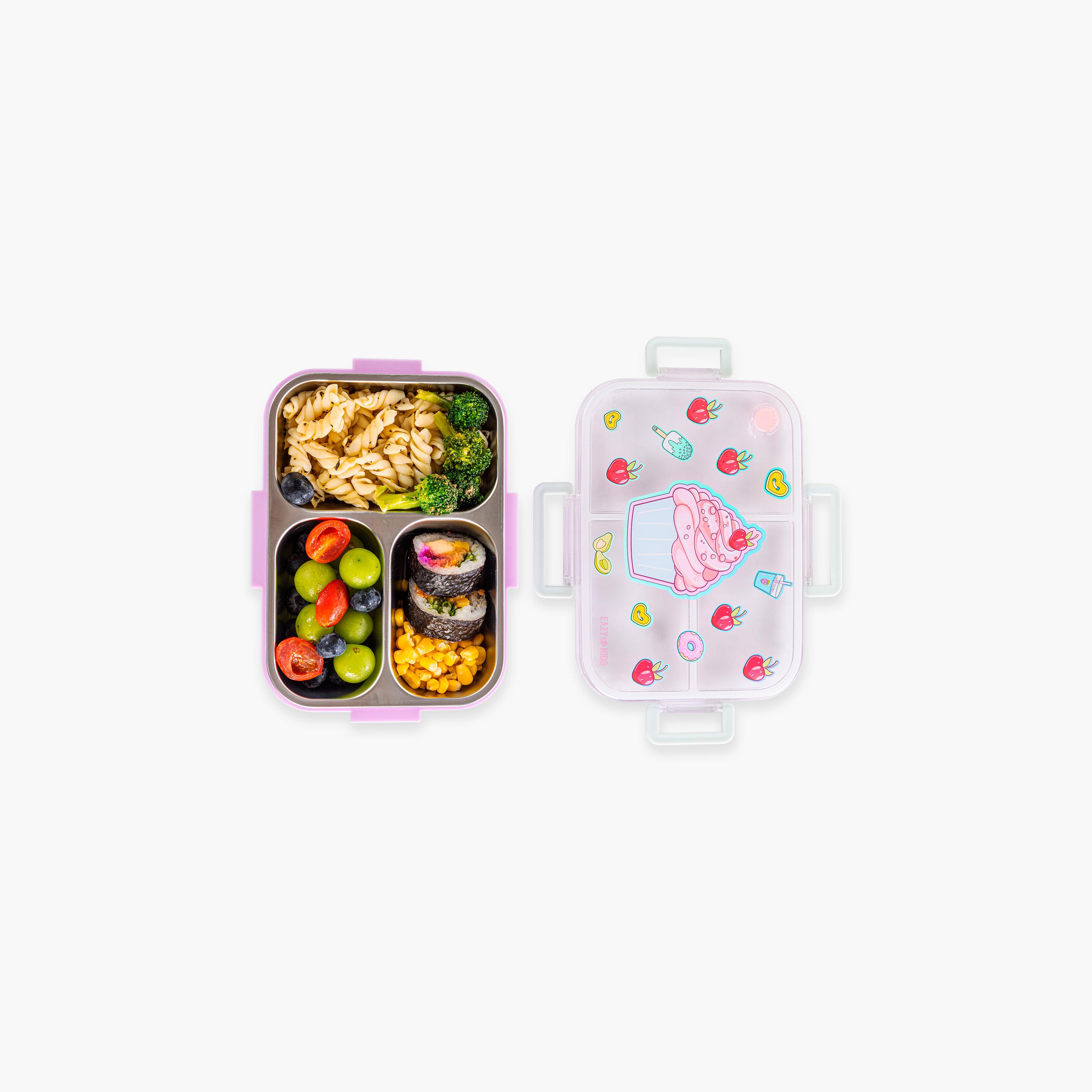 Eazy Kids 3-Compartment Stainless Steel Bento Lunch Box with Bag - 800 ml - Cup Cake - Purple-school-lunchessentials-lunchboxes-image-6