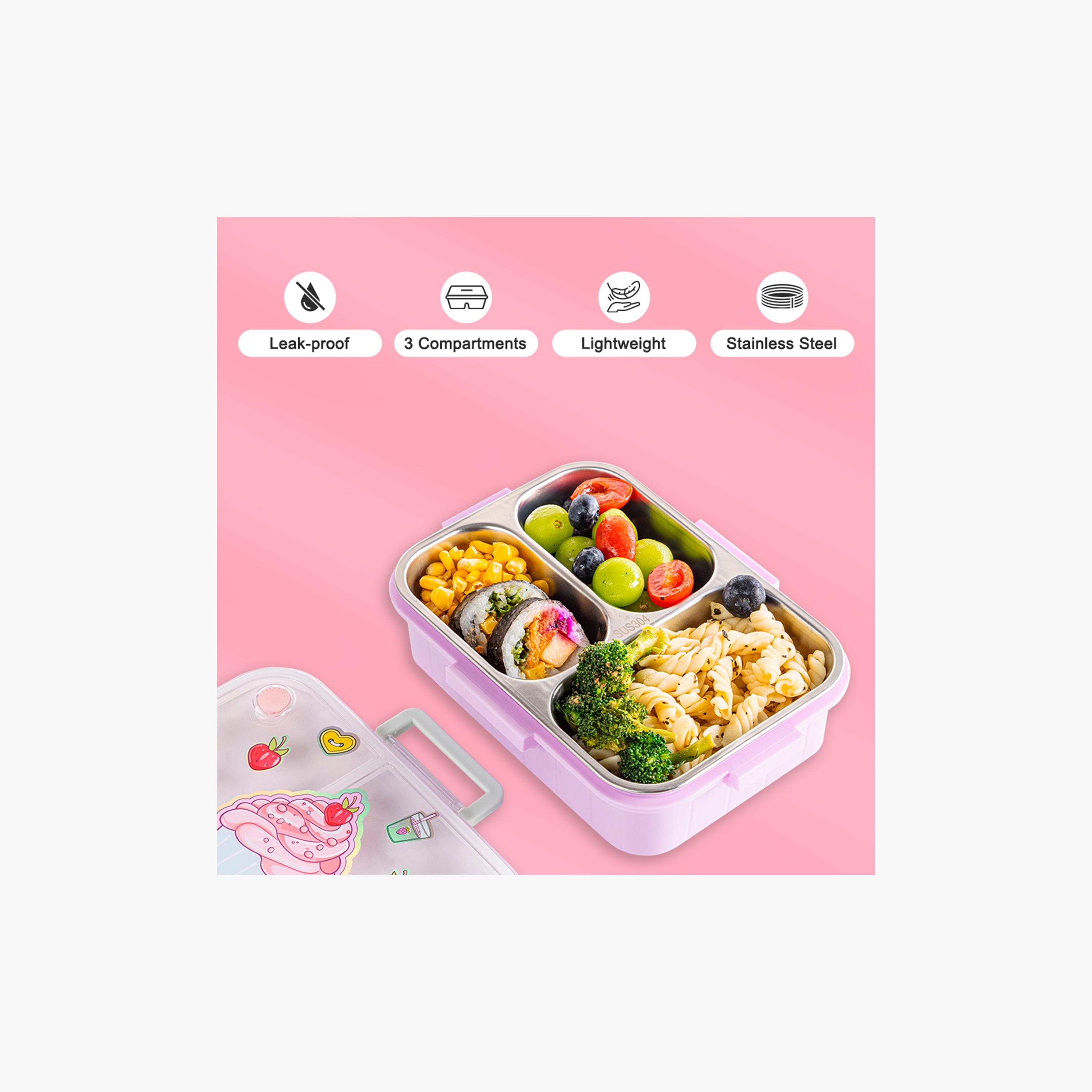 Eazy Kids 3-Compartment Stainless Steel Bento Lunch Box with Bag - 800 ml - Cup Cake - Purple-school-lunchessentials-lunchboxes-image-7
