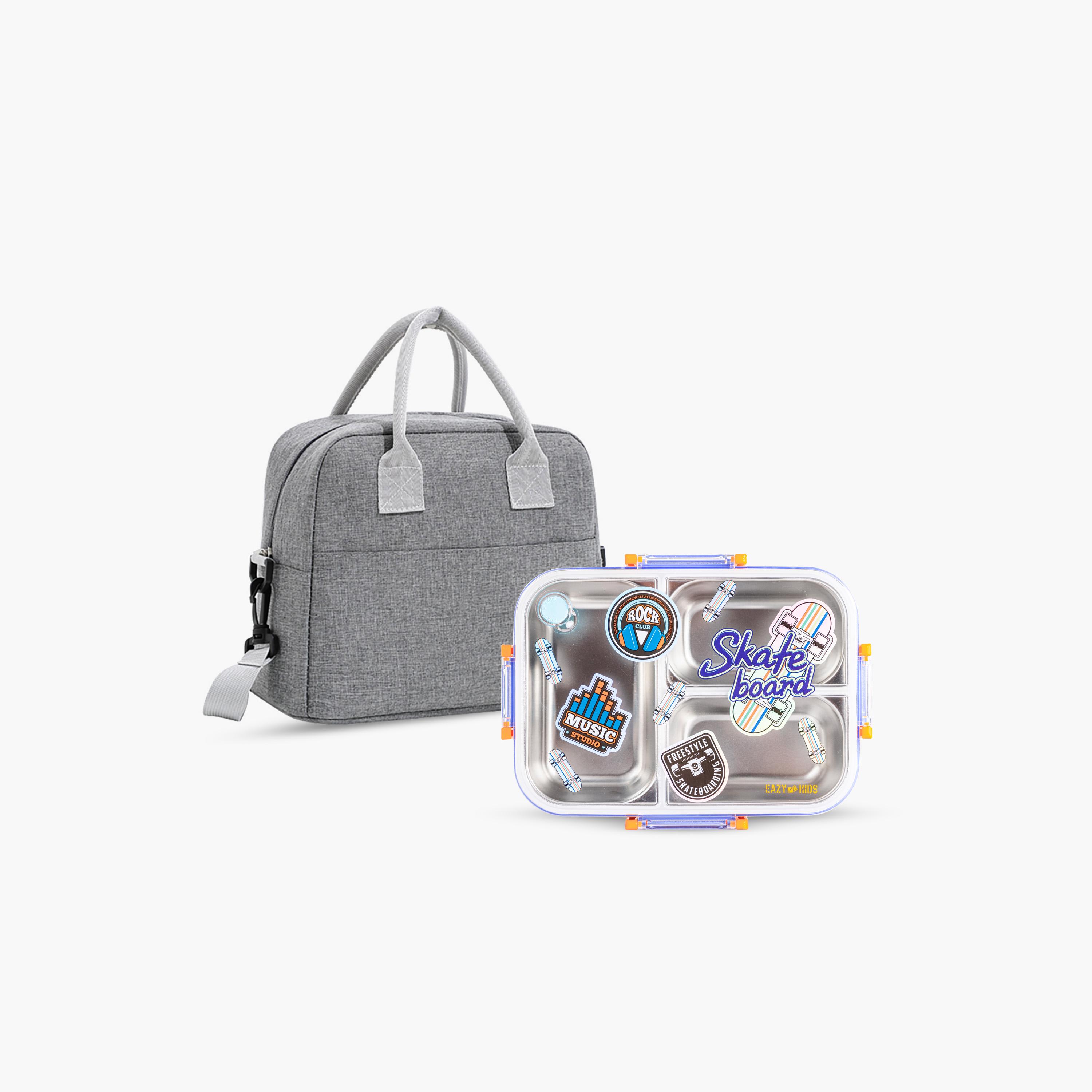 Eazy Kids 3-Compartment Stainless Steel Bento Lunch Box with Bag - 800 ml - Skate Board - Purple-school-lunchessentials-lunchboxes-image-1