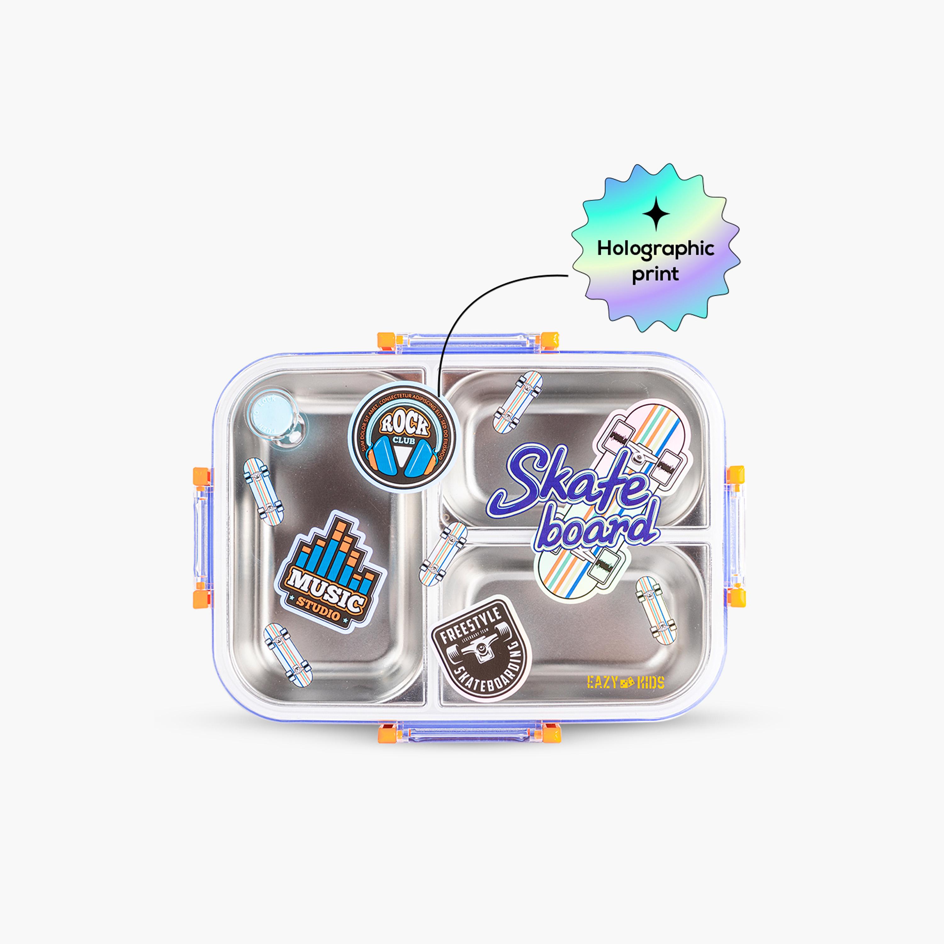 Eazy Kids 3-Compartment Stainless Steel Bento Lunch Box with Bag - 800 ml - Skate Board - Purple-school-lunchessentials-lunchboxes-image-9