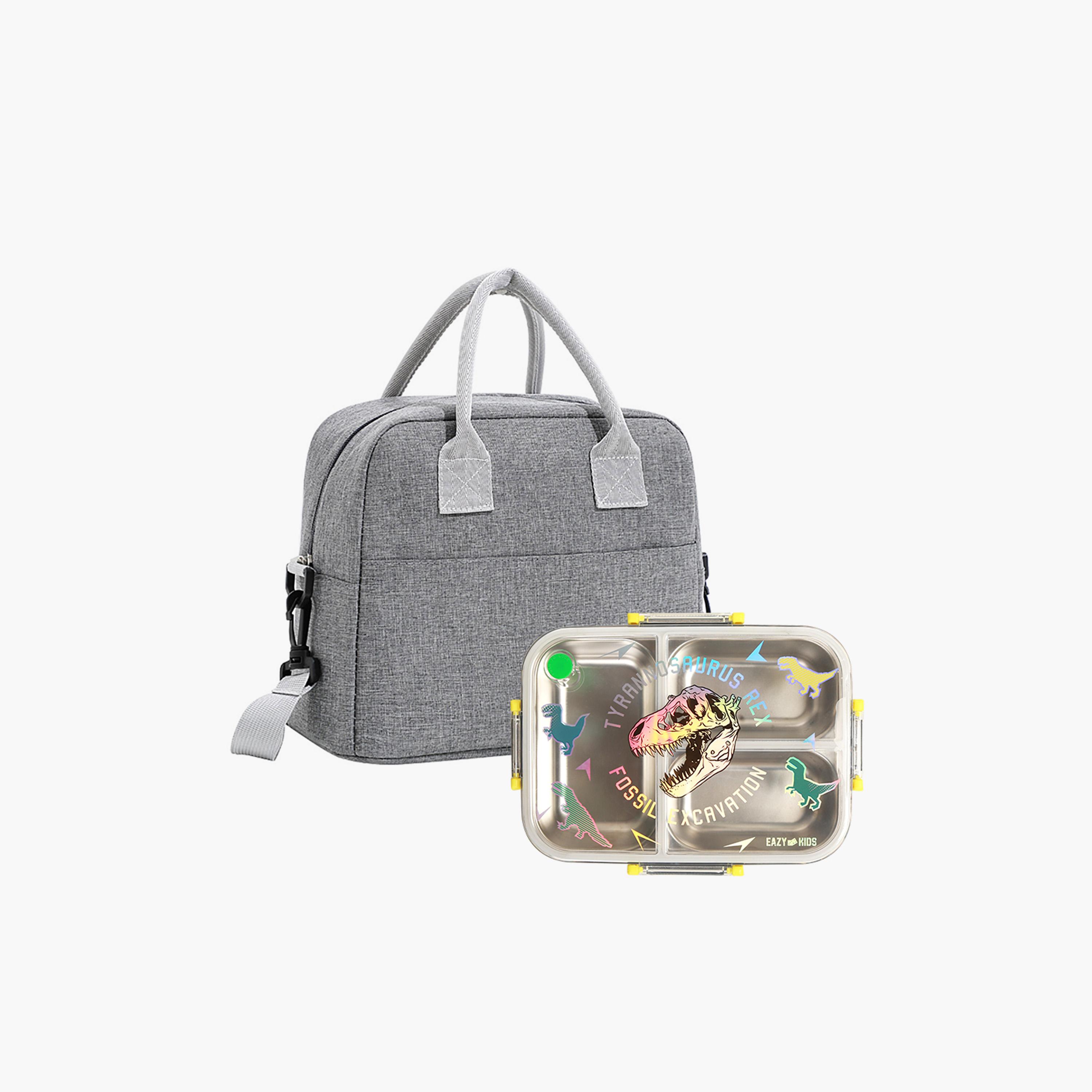 Eazy Kids 3-Compartment Stainless Steel Bento Lunch Box with Bag - 800 ml - T- Rex - Purple-school-lunchessentials-lunchboxes-image-1