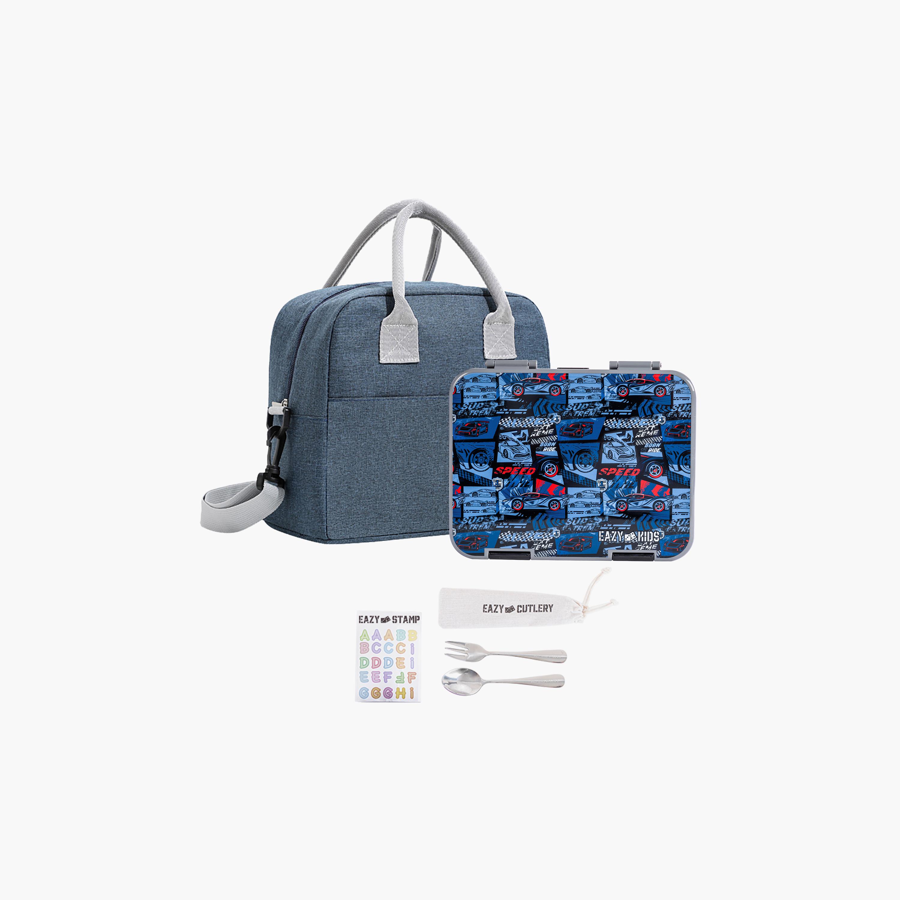 Eazy Kids 6 & 4 Convertible Bento Lunch Box & Bag Set with Sticker - Car Racing - Blue-school-lunchessentials-lunchboxes-image-1
