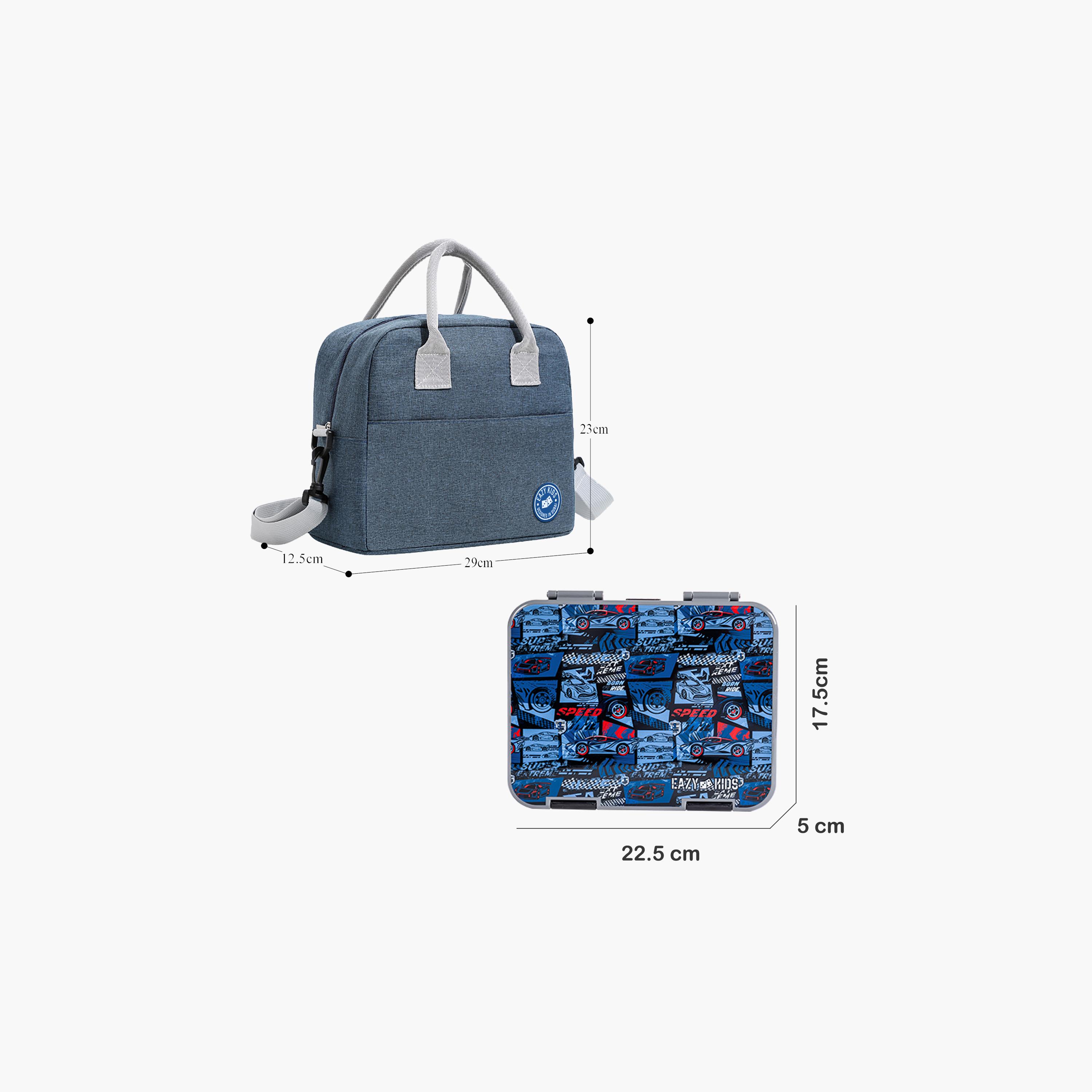 Eazy Kids 6 & 4 Convertible Bento Lunch Box & Bag Set with Sticker - Car Racing - Blue-school-lunchessentials-lunchboxes-image-2