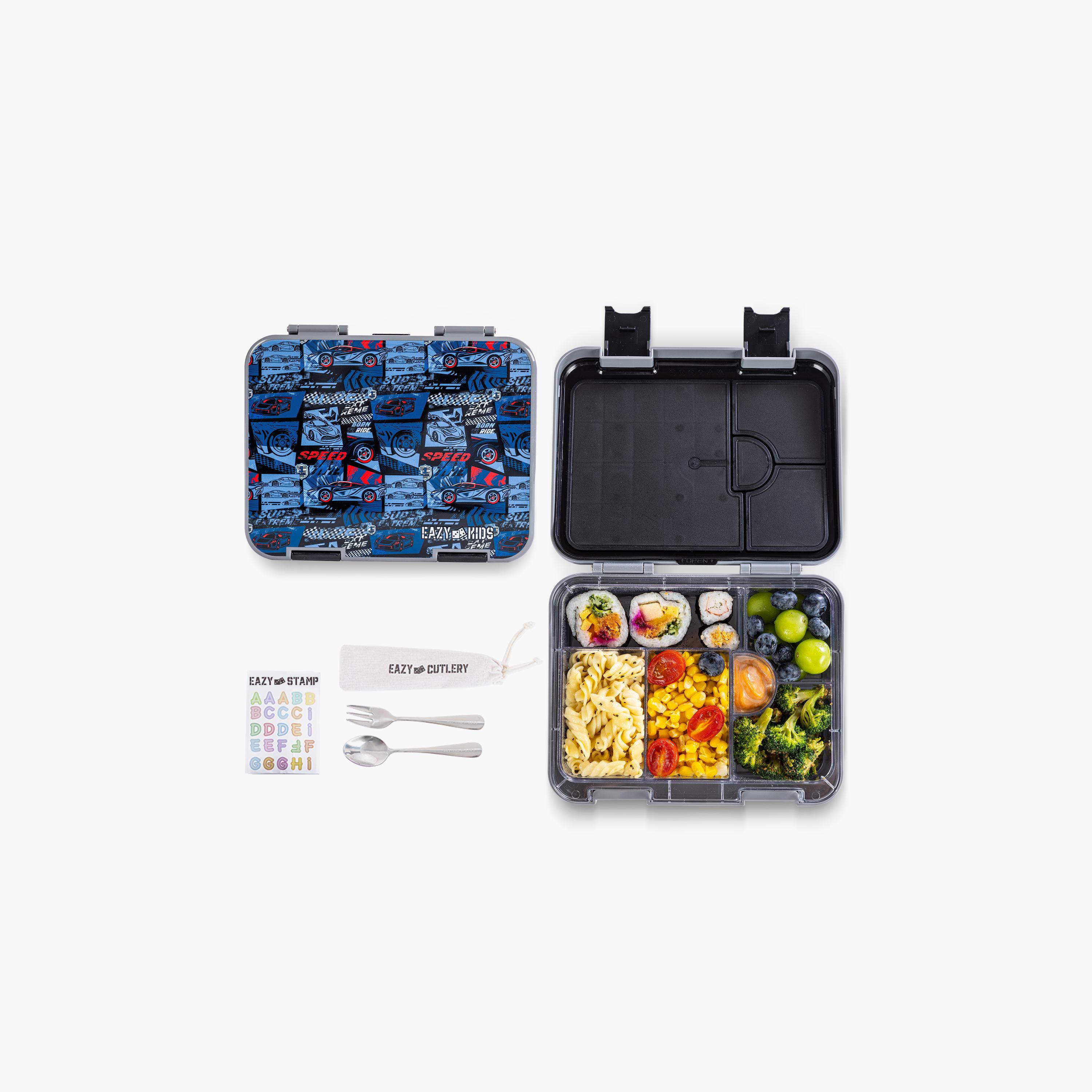 Eazy Kids 6 & 4 Convertible Bento Lunch Box & Bag Set with Sticker - Car Racing - Blue-school-lunchessentials-lunchboxes-image-4