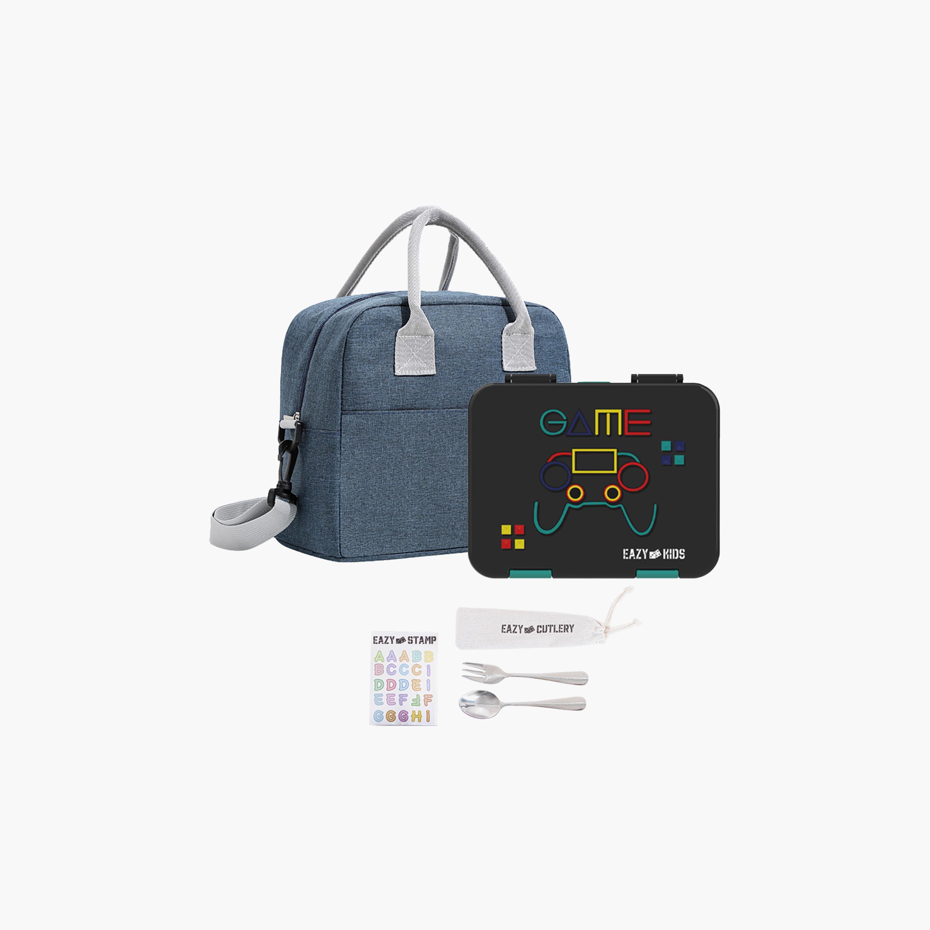 Eazy Kids 6 & 4 Convertible Bento Lunch Box & Bag Set with Sticker - Gamer - Black-school-lunchessentials-sets-image-1