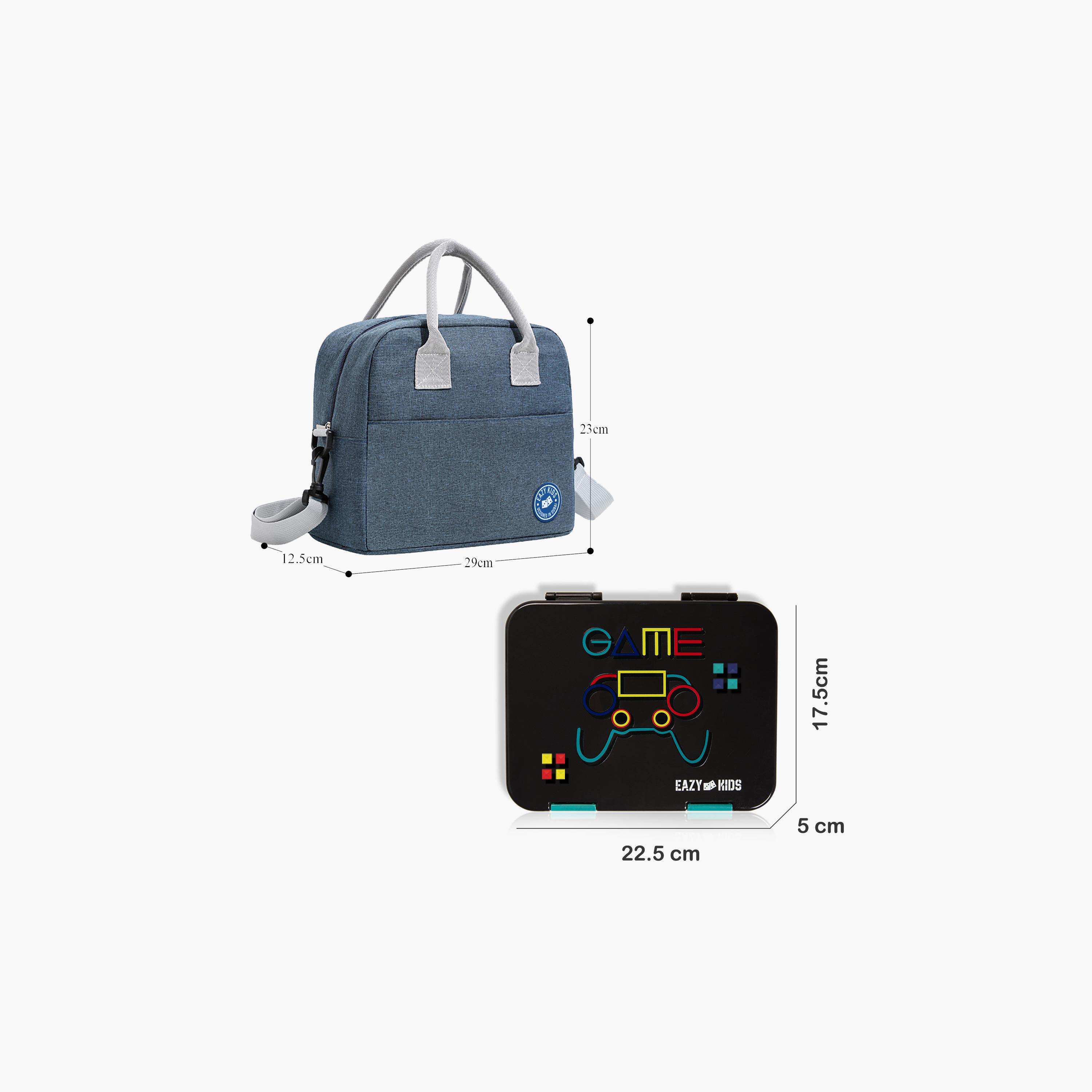 Eazy Kids 6 & 4 Convertible Bento Lunch Box & Bag Set with Sticker - Gamer - Black-school-lunchessentials-sets-image-2