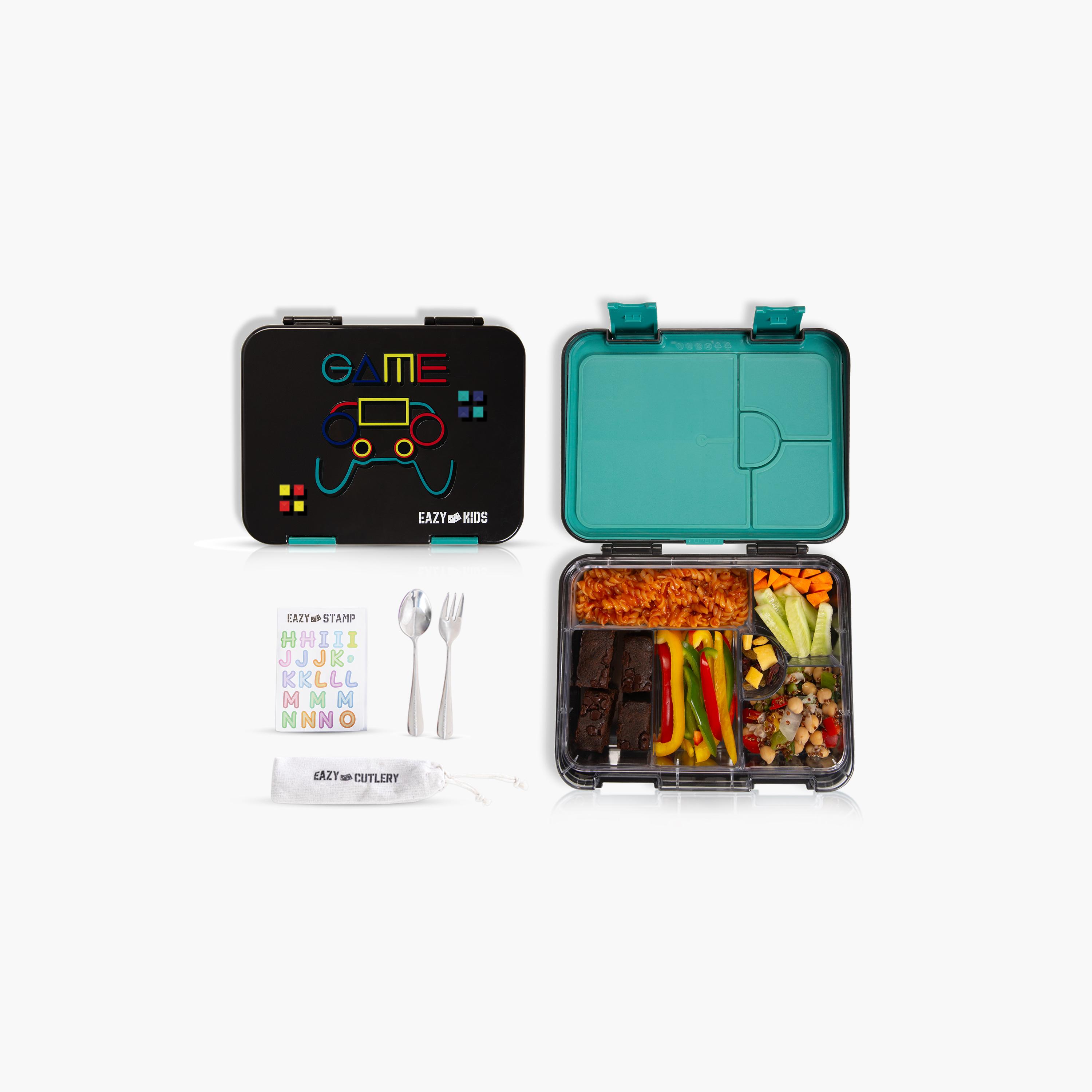 Eazy Kids 6 & 4 Convertible Bento Lunch Box & Bag Set with Sticker - Gamer - Black-school-lunchessentials-sets-image-4