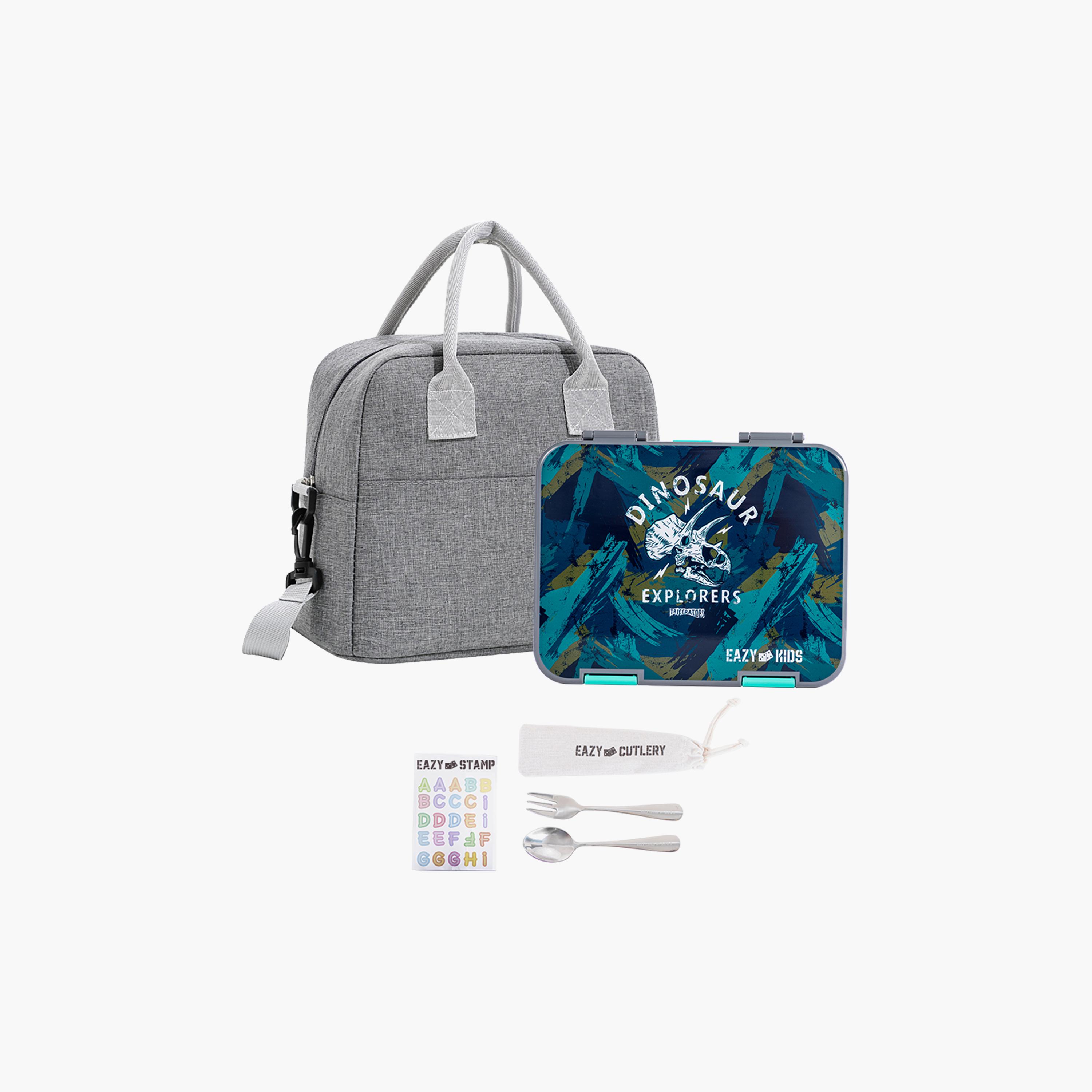 Eazy Kids 6 & 4 Convertible Bento Lunch Box & Bag Set with Sticker - T-Rex - Grey-school-lunchessentials-lunchboxes-image-1