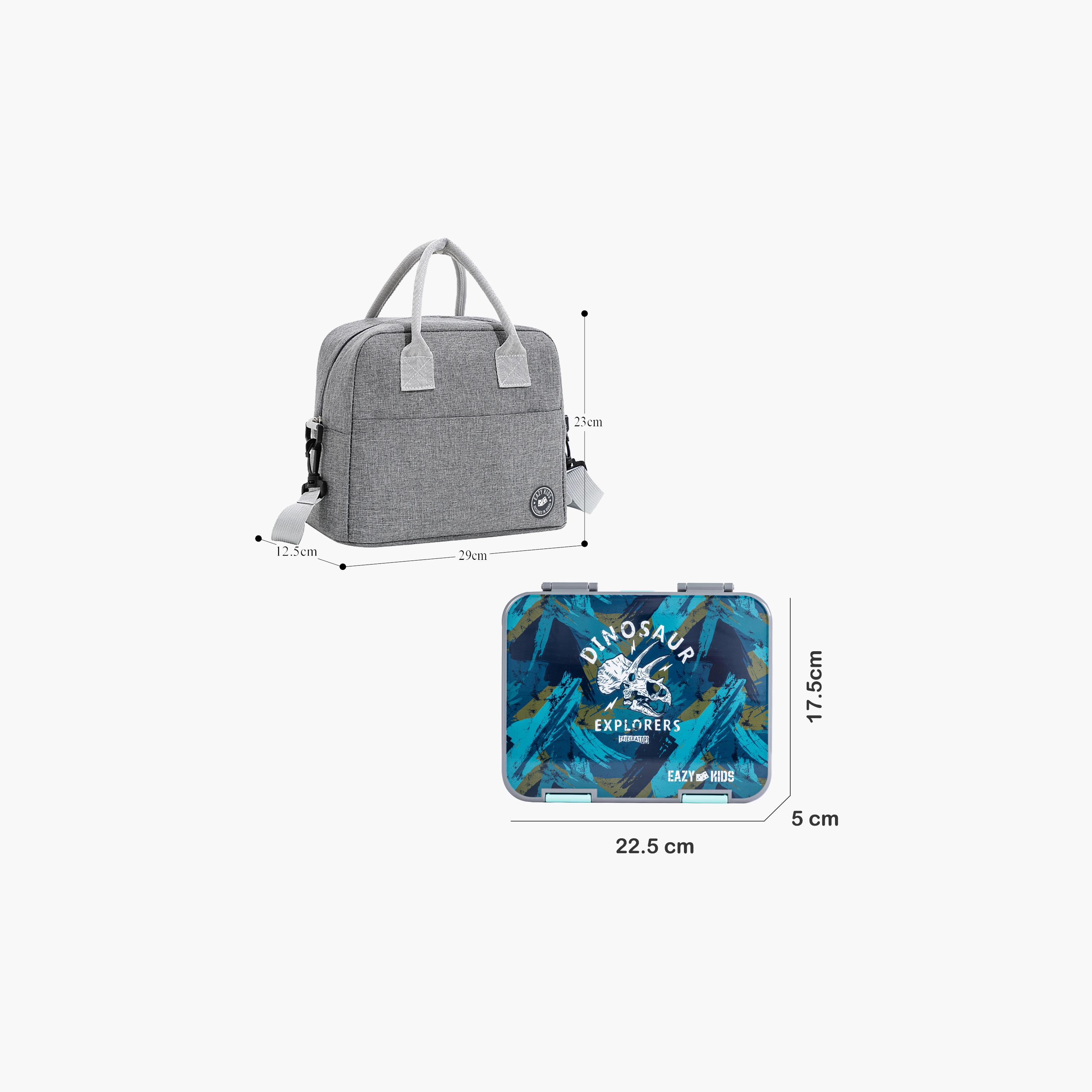 Eazy Kids 6 & 4 Convertible Bento Lunch Box & Bag Set with Sticker - T-Rex - Grey-school-lunchessentials-lunchboxes-image-2