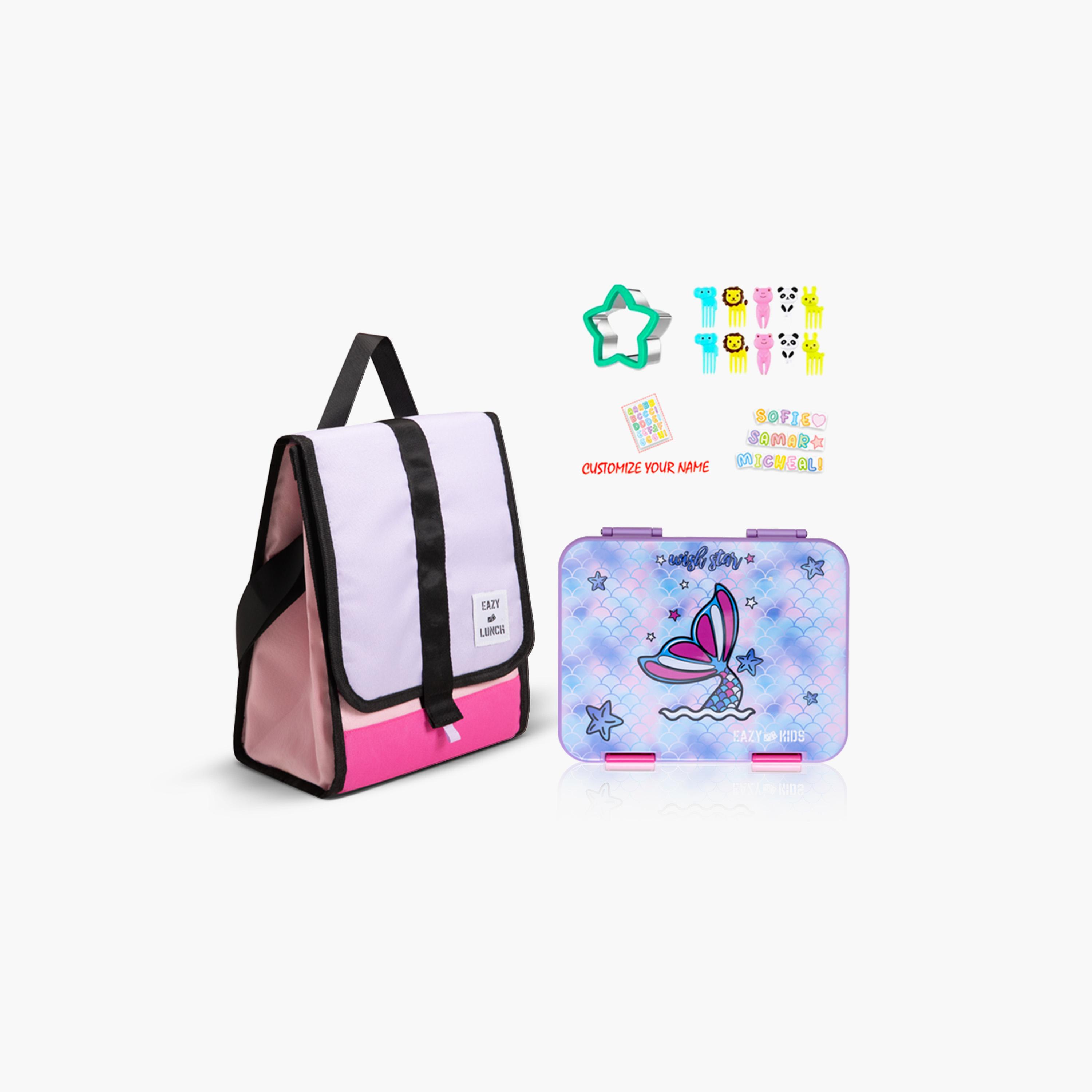 Eazy Kids 6 & 4 Convertible Bento Lunch Box with Bag, Sandwich Cutter Set - Mermaid - Purple-school-lunchessentials-lunchboxes-image-1