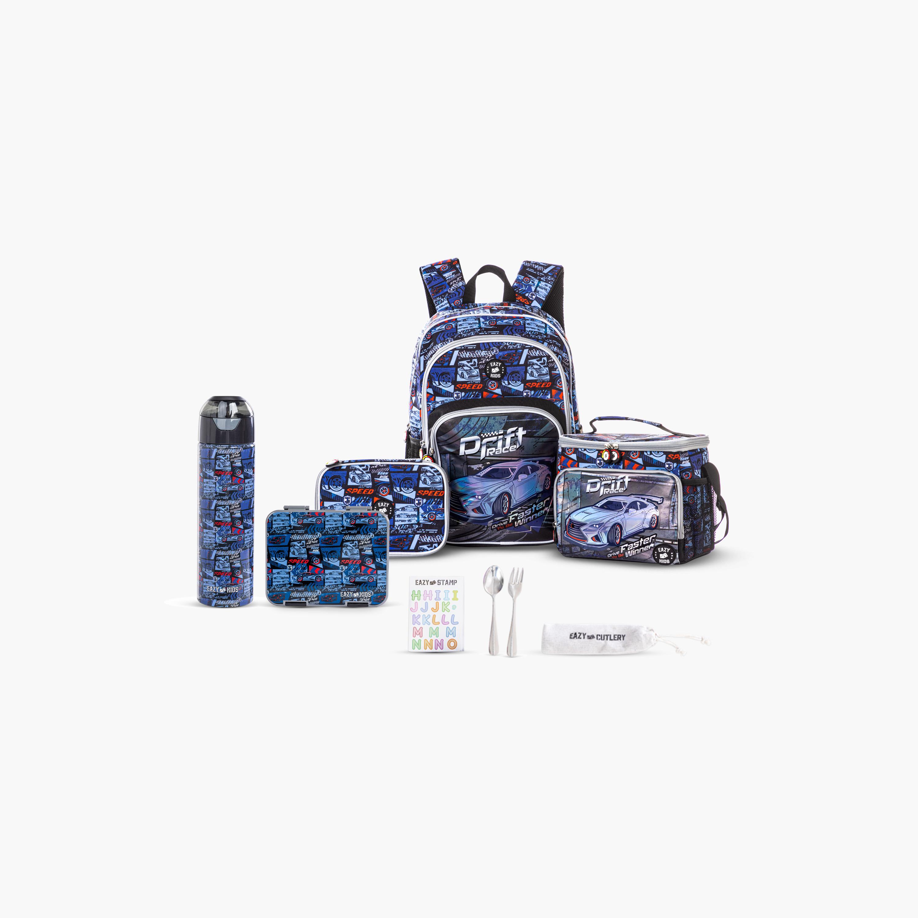 Eazy Kids 5-Piece Backpack Set - 18 Inch - Car Racing - Blue-school-bagsandbackpacks-sets-image-1