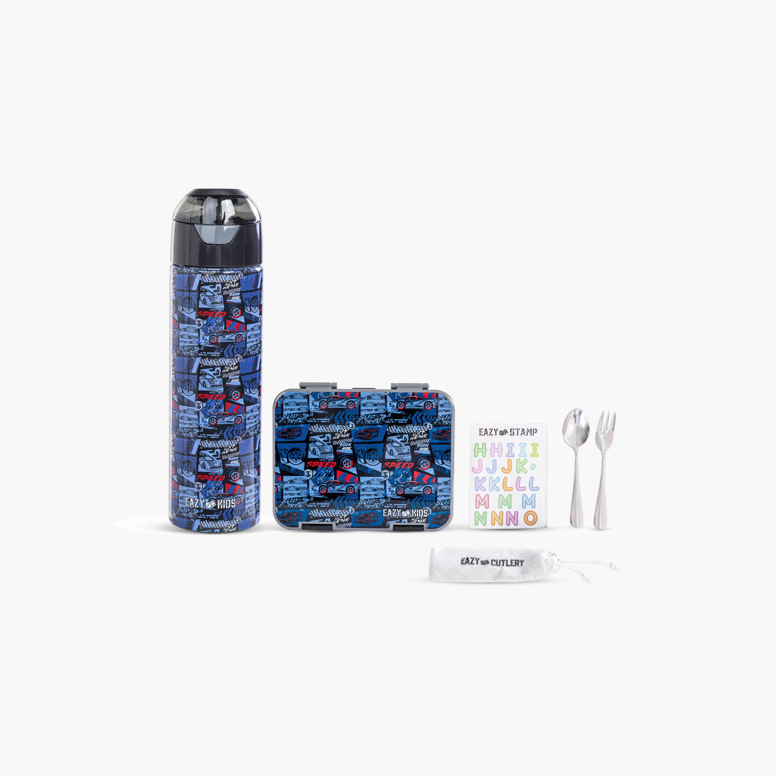 Eazy Kids 6 & 4 Convertible Bento Lunch Box & Water Bottle with Sticker- Car Racing - Blue-school-lunchessentials-lunchboxes-image-1
