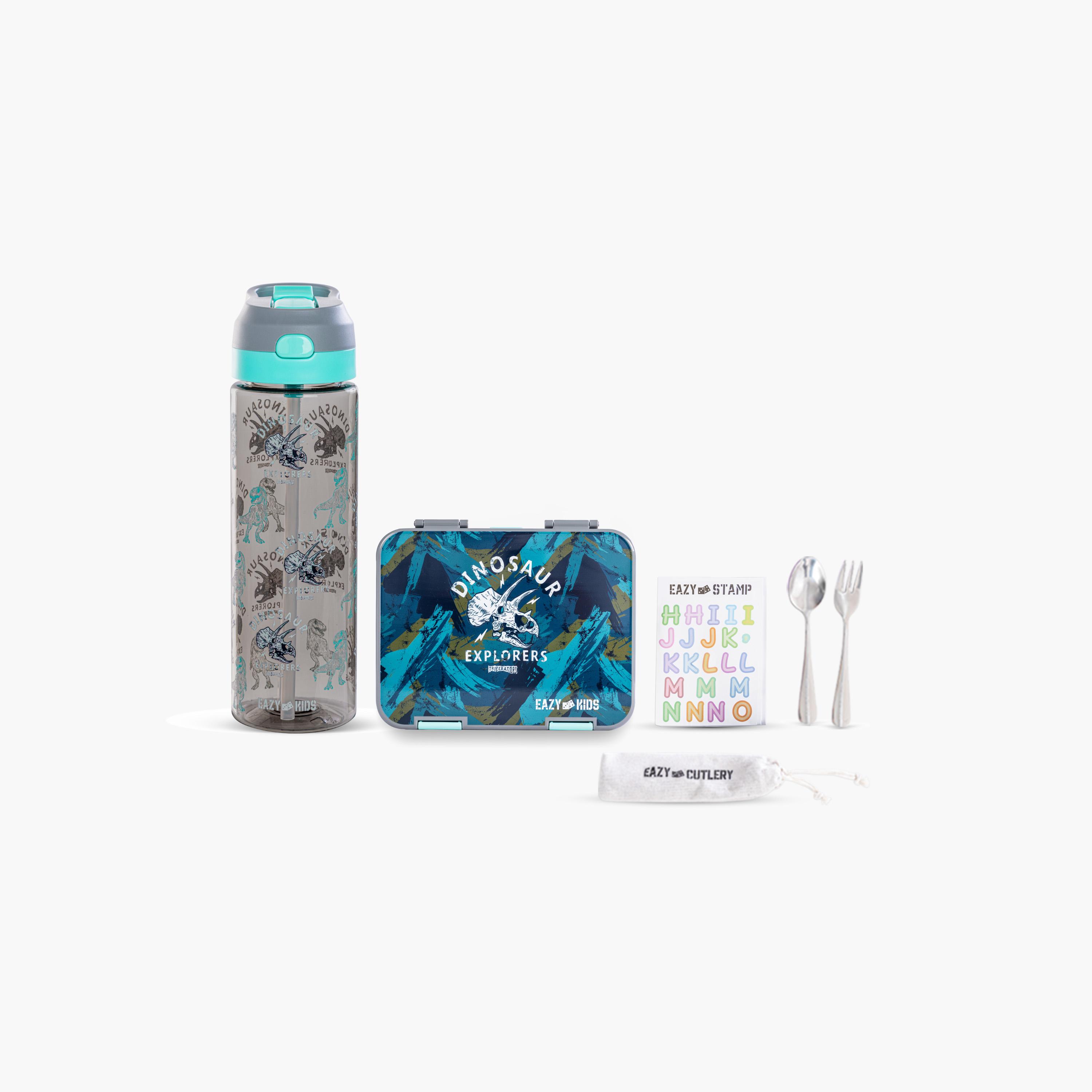Eazy Kids 6 & 4 Convertible Bento Lunch Box & Water Bottle with Sticker- T-Rex - Grey-school-lunchessentials-lunchboxes-image-1