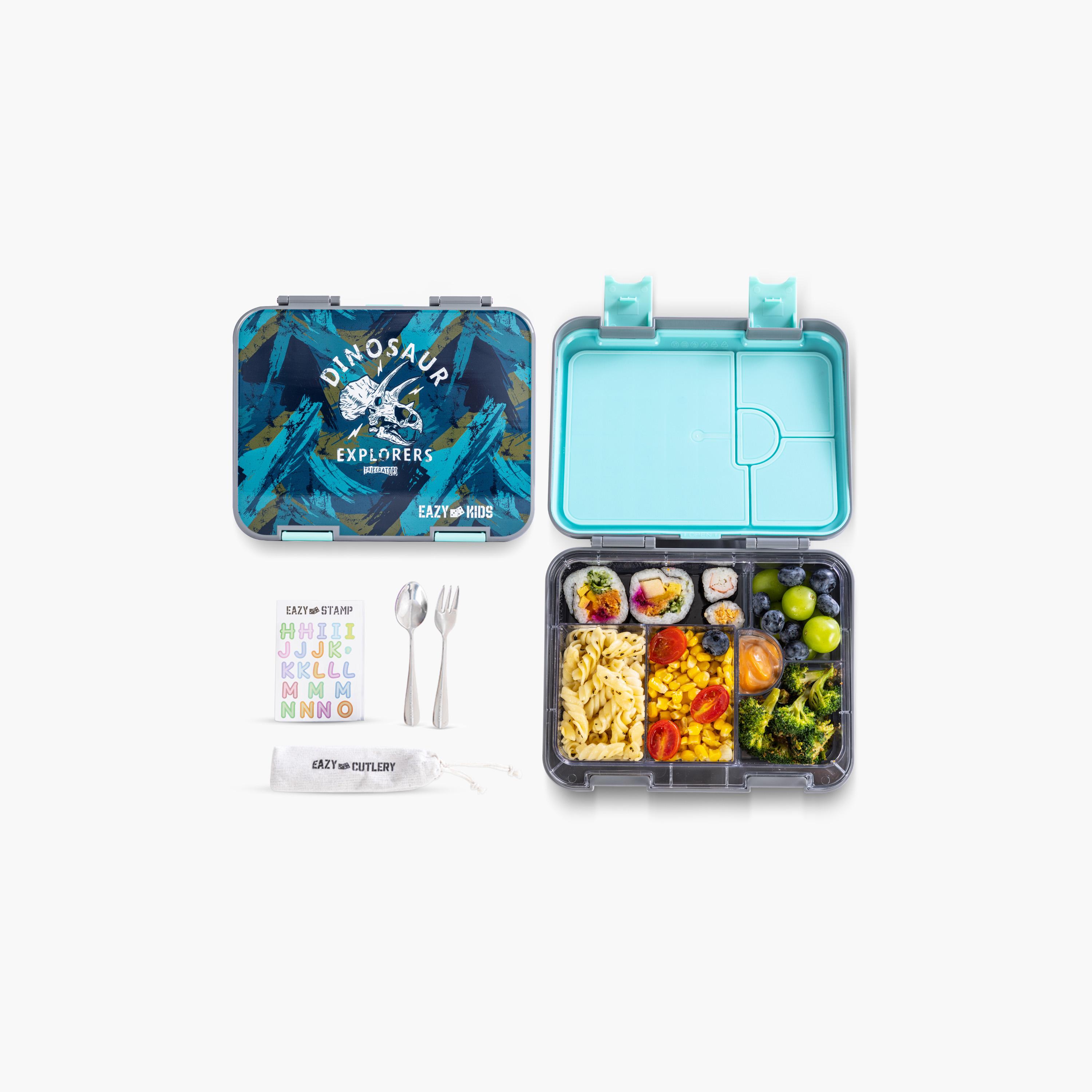 Eazy Kids 6 & 4 Convertible Bento Lunch Box & Water Bottle with Sticker- T-Rex - Grey-school-lunchessentials-lunchboxes-image-3