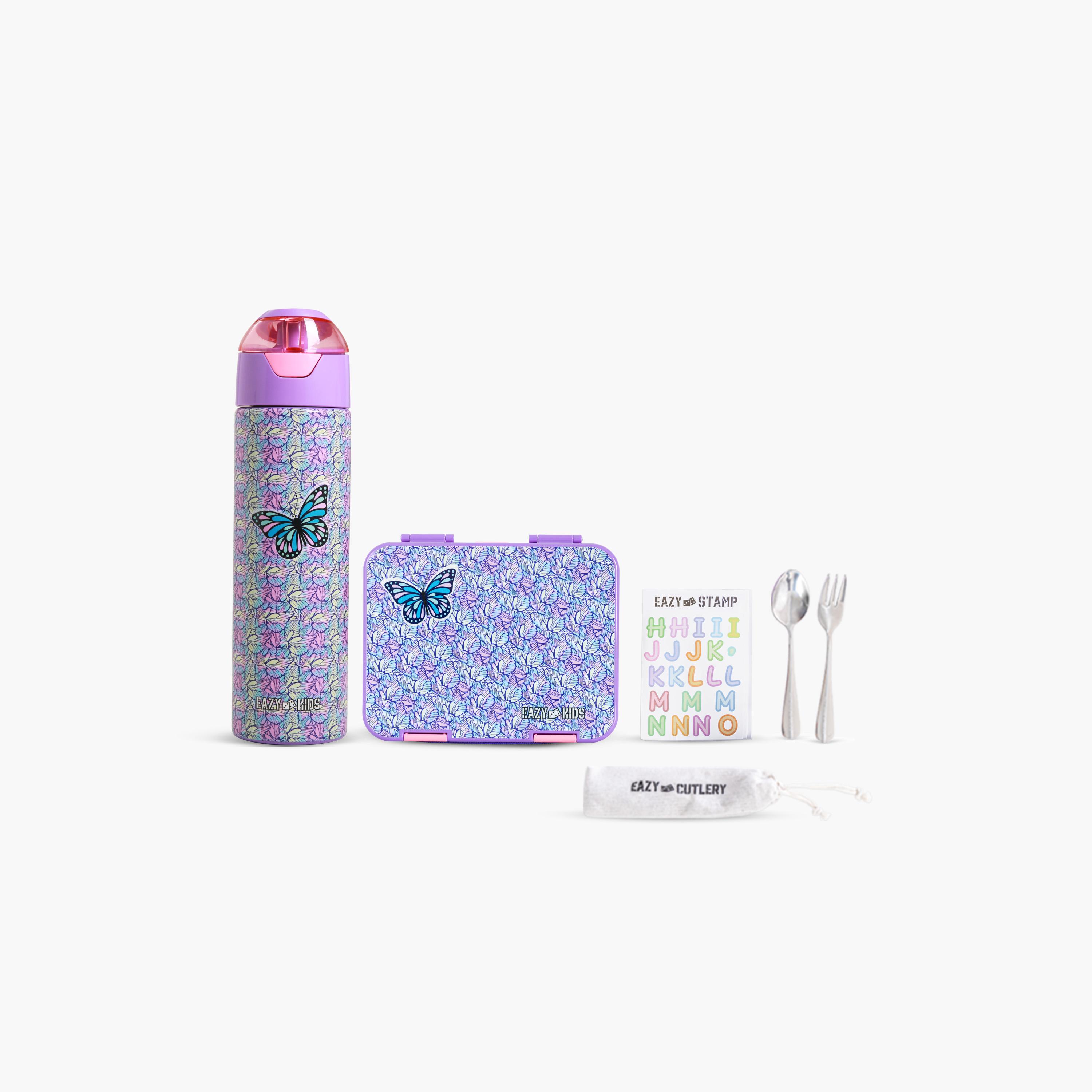 Eazy Kids 6 & 4 Convertible Bento Lunch Box & Water Bottle with Sticker- Butterfly - Purple-school-lunchessentials-lunchboxes-image-1