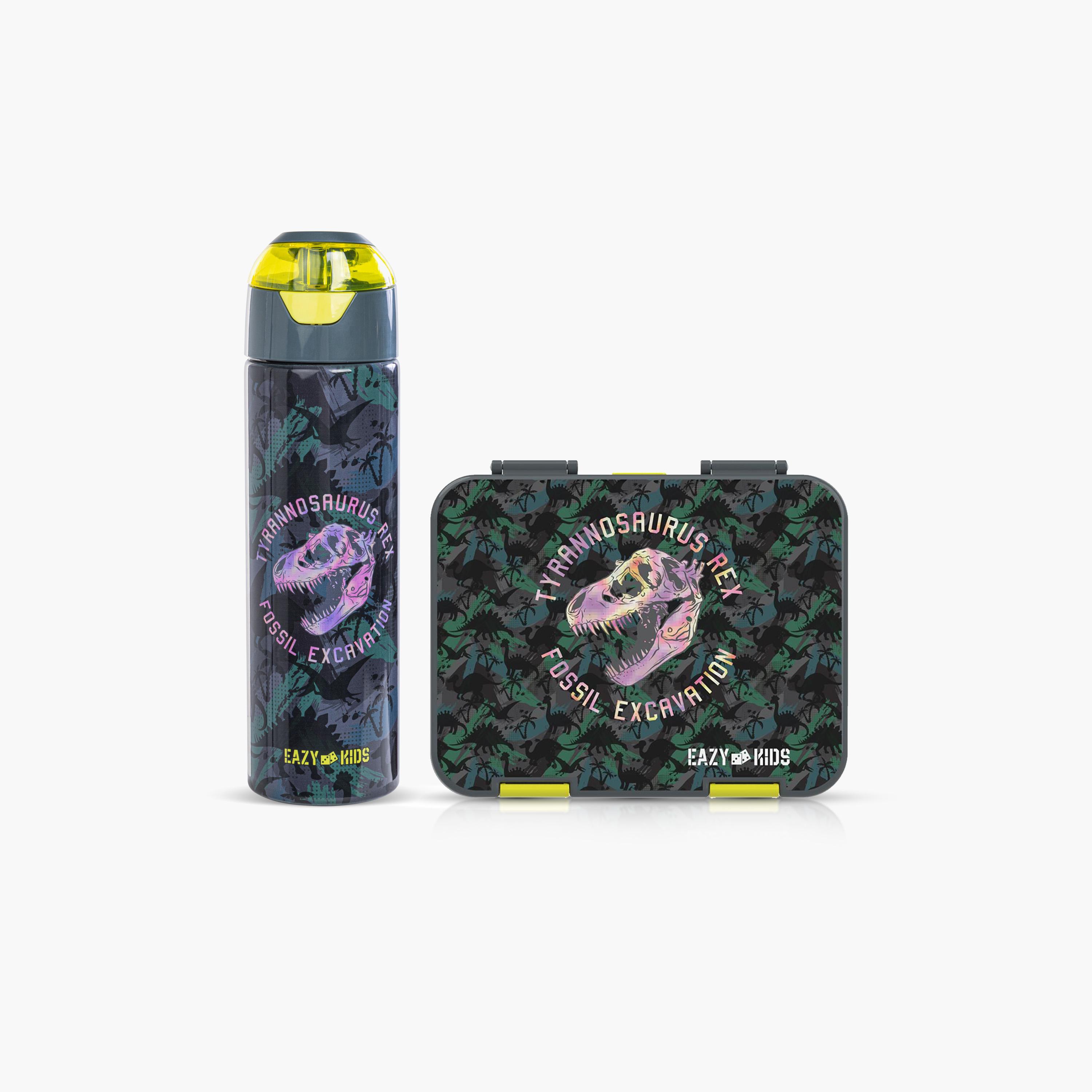 Eazy Kids 6 & 4 Convertible Bento Lunch Box & Water Bottle with Sticker- T-Rex Dino - Grey-school-lunchessentials-sets-image-1