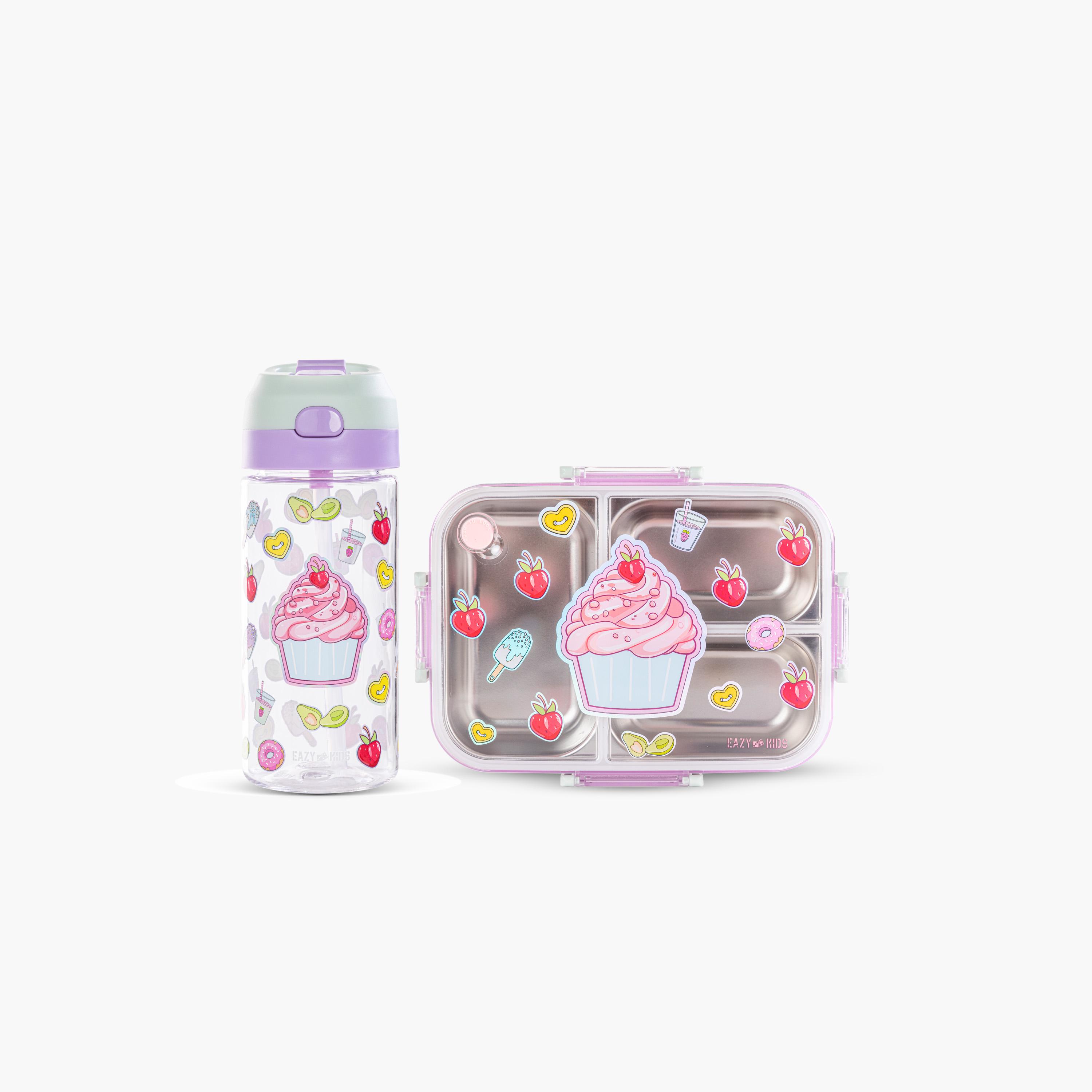 Eazy Kids 3-Compartment Bento Lunch Box with Water Bottle - 800 ml - Cup Cake - Purple-school-lunchessentials-lunchboxes-image-1