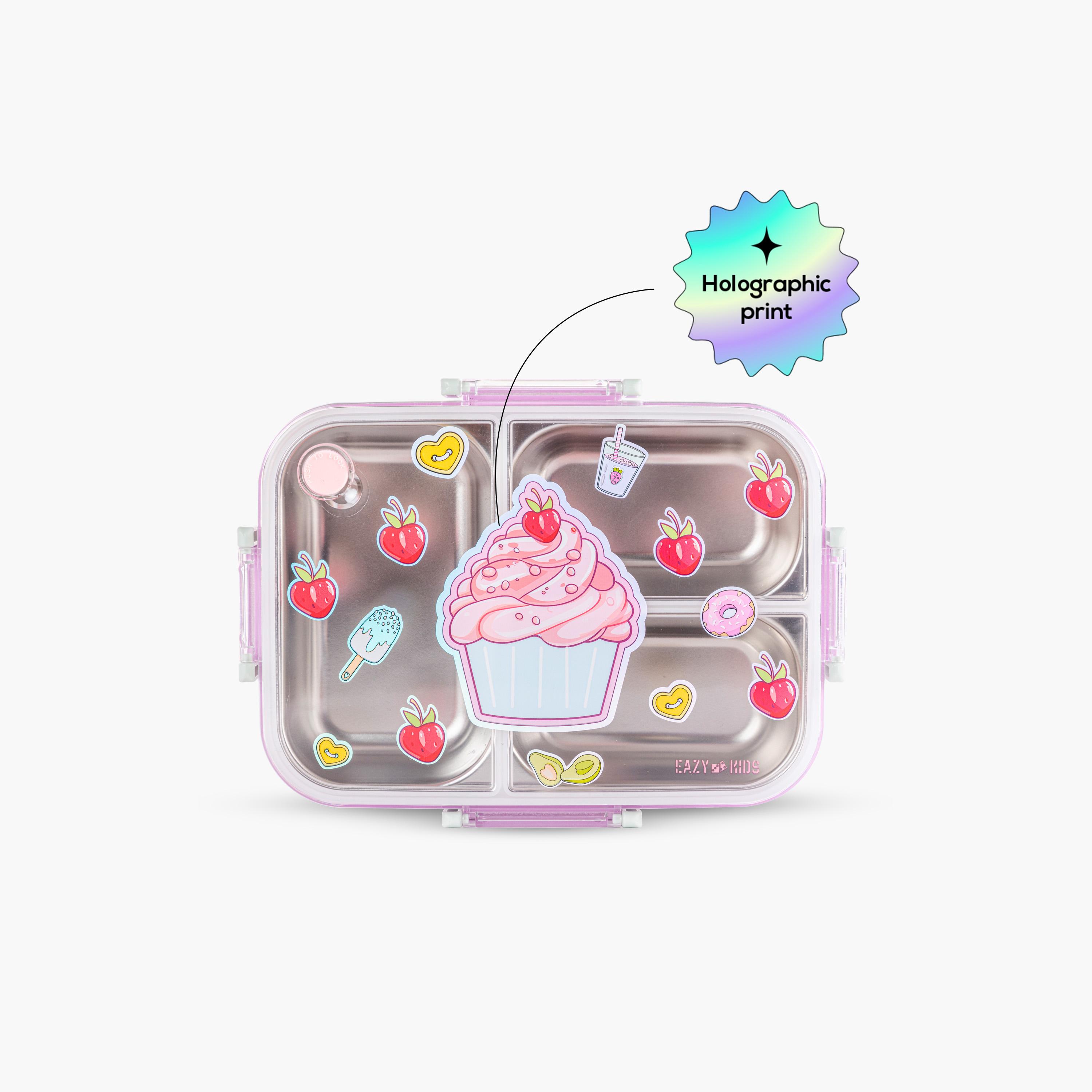 Eazy Kids 3-Compartment Bento Lunch Box with Water Bottle - 800 ml - Cup Cake - Purple-school-lunchessentials-lunchboxes-image-2