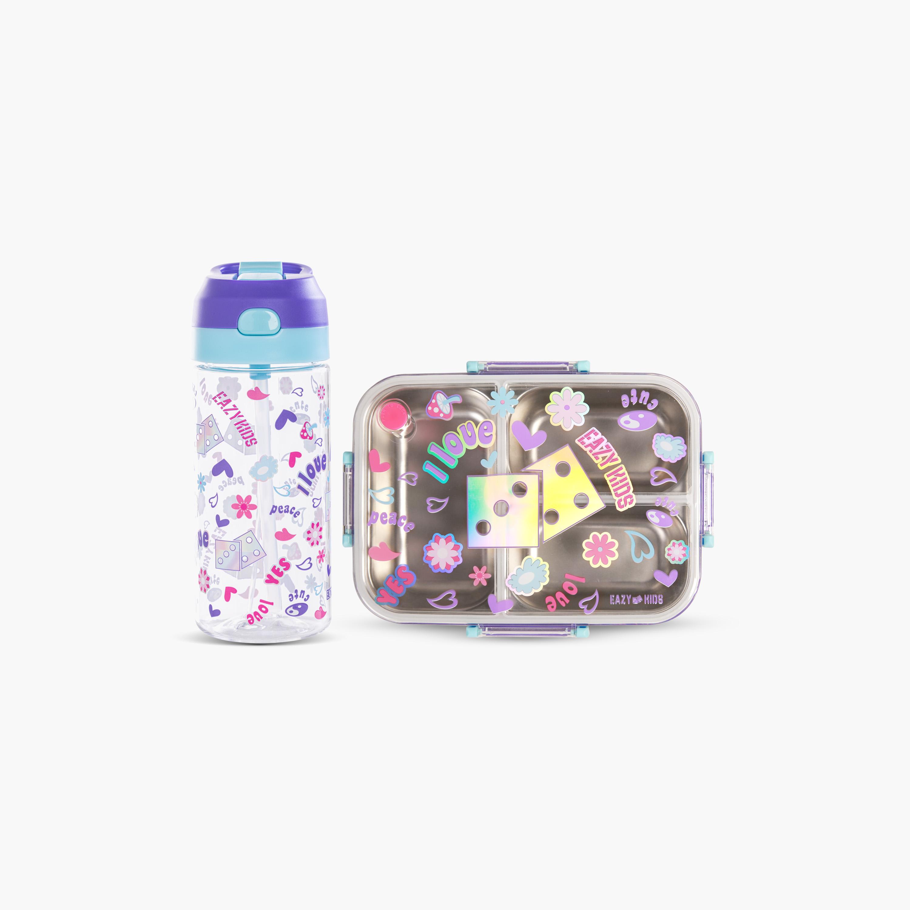 Eazy Kids 3-Compartment Bento Lunch Box with Water Bottle - 800 ml - Floral - Purple-school-lunchessentials-lunchboxes-image-1