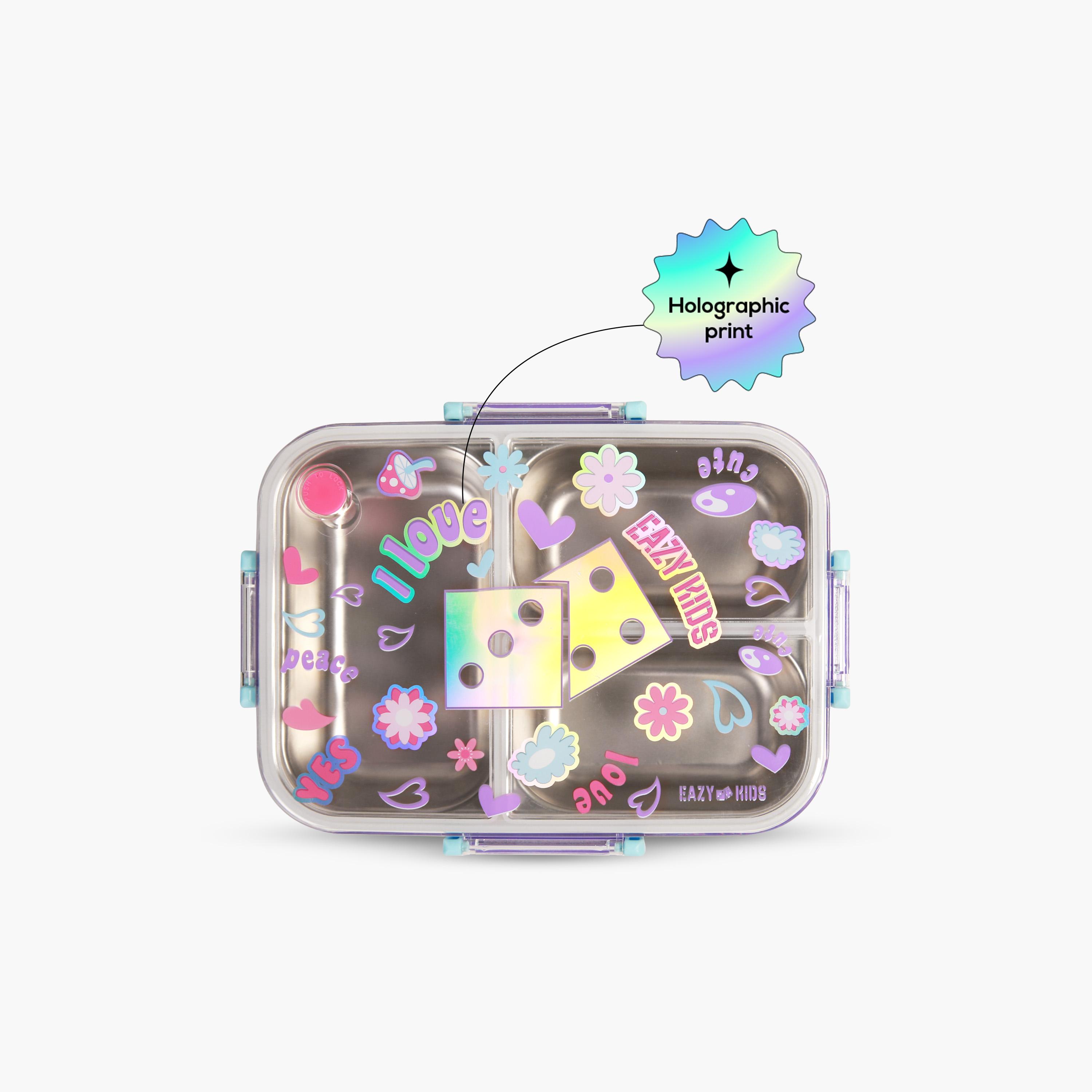Eazy Kids 3-Compartment Bento Lunch Box with Water Bottle - 800 ml - Floral - Purple-school-lunchessentials-lunchboxes-image-2