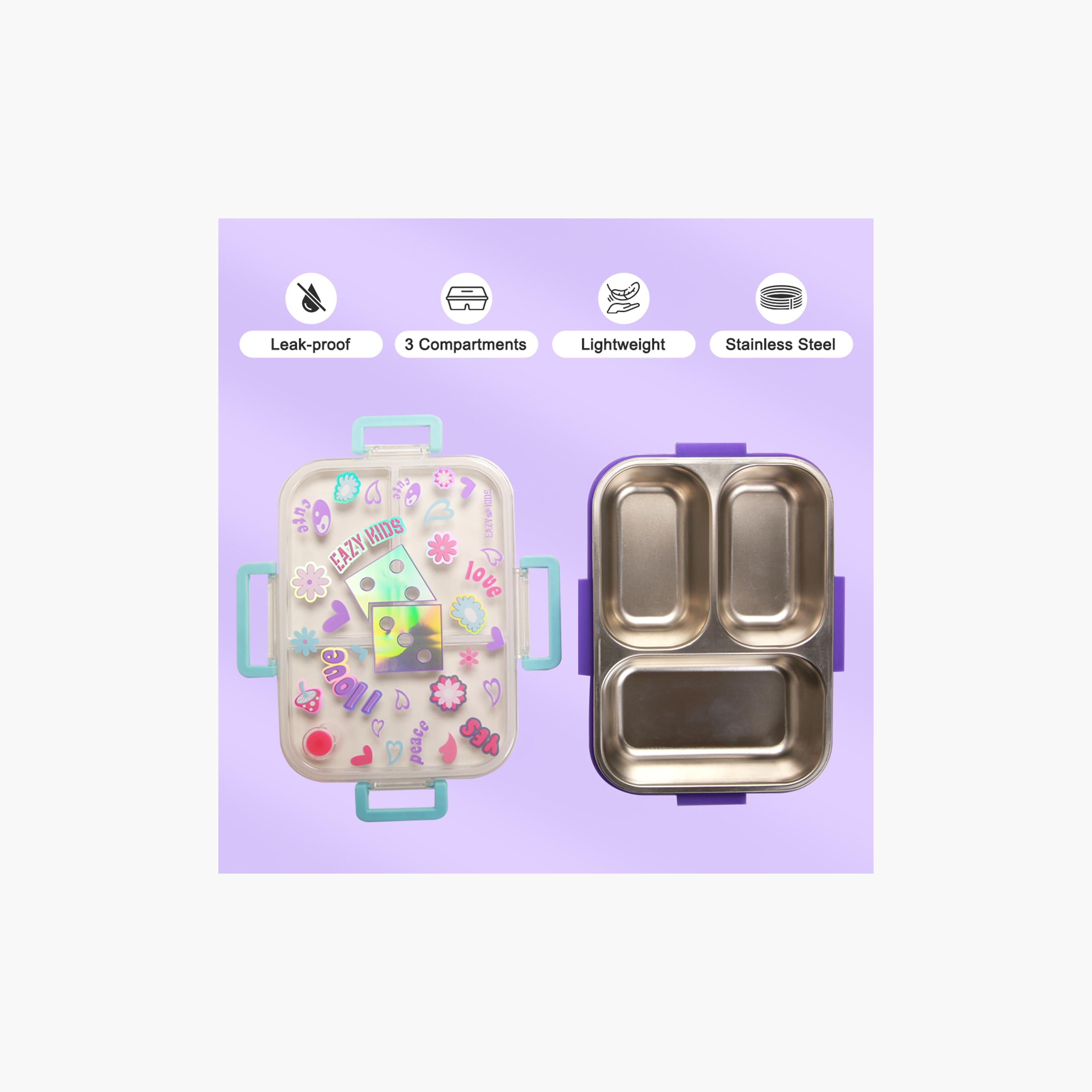 Eazy Kids 3-Compartment Bento Lunch Box with Water Bottle - 800 ml - Floral - Purple-school-lunchessentials-lunchboxes-image-4