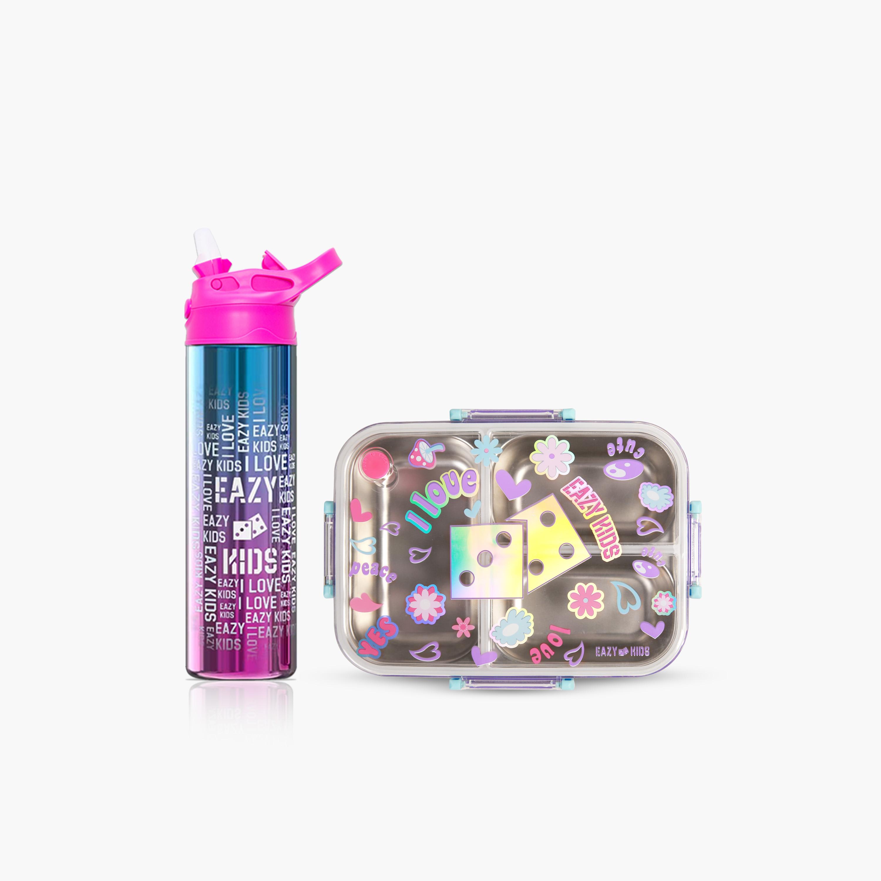 Eazy Kids 3-Compartment Bento Lunch Box with Water Bottle - 800 ml - Floral - Purple-school-lunchessentials-lunchboxes-image-1