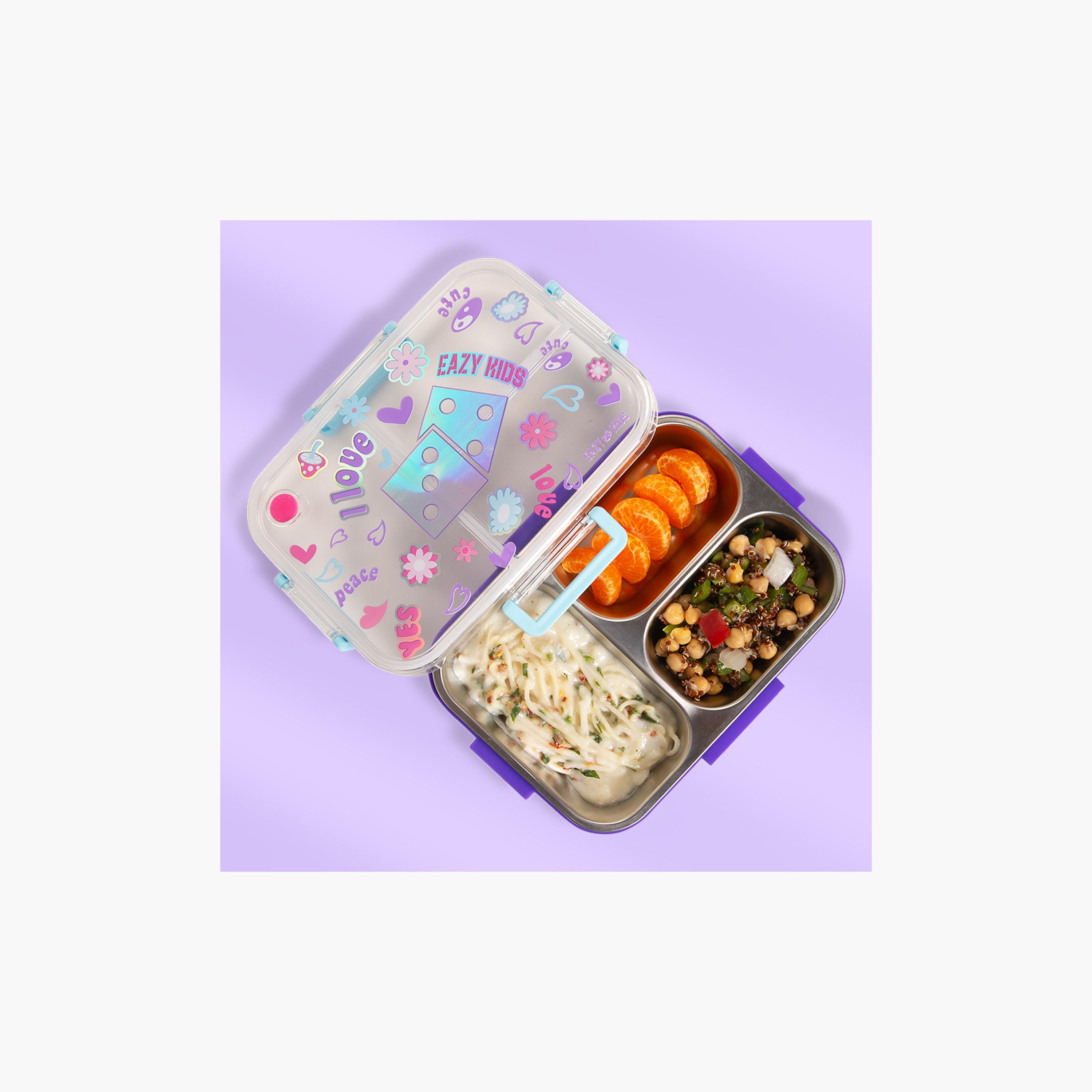 Eazy Kids 3-Compartment Bento Lunch Box with Water Bottle - 800 ml - Floral - Purple-school-lunchessentials-lunchboxes-image-4