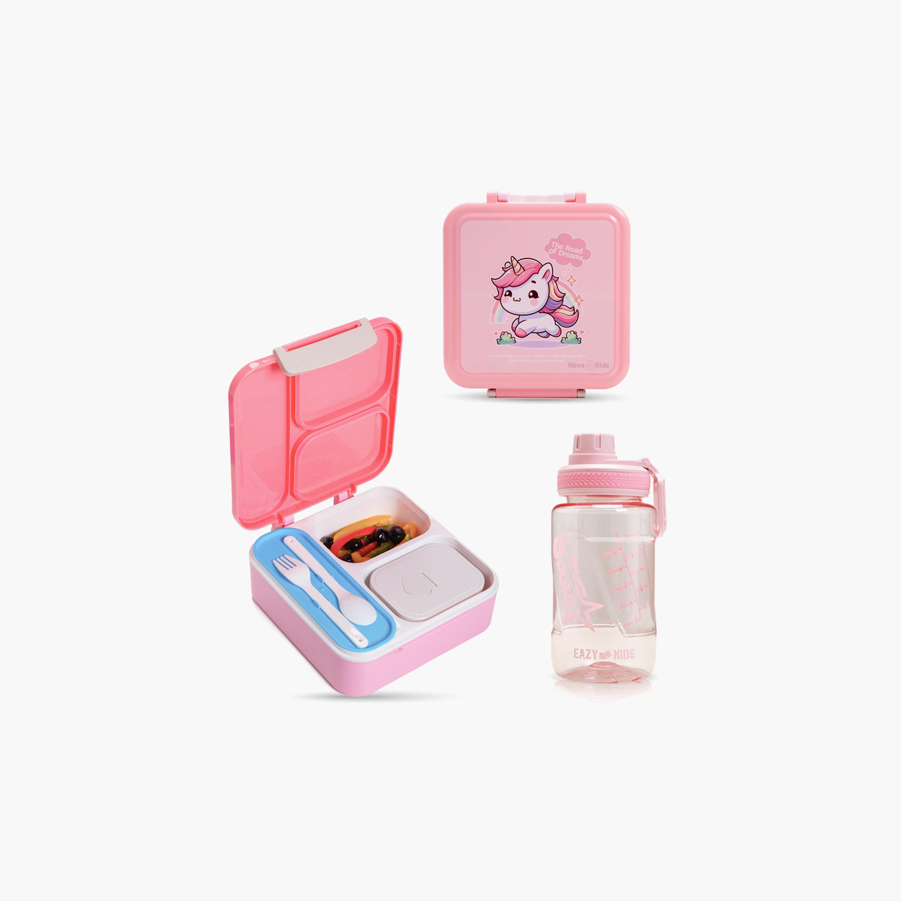 Nova Kids 3-Compartment Bento Lunch Box Set with Water Bottle - Unicorn - Pink-school-lunchessentials-sets-image-1