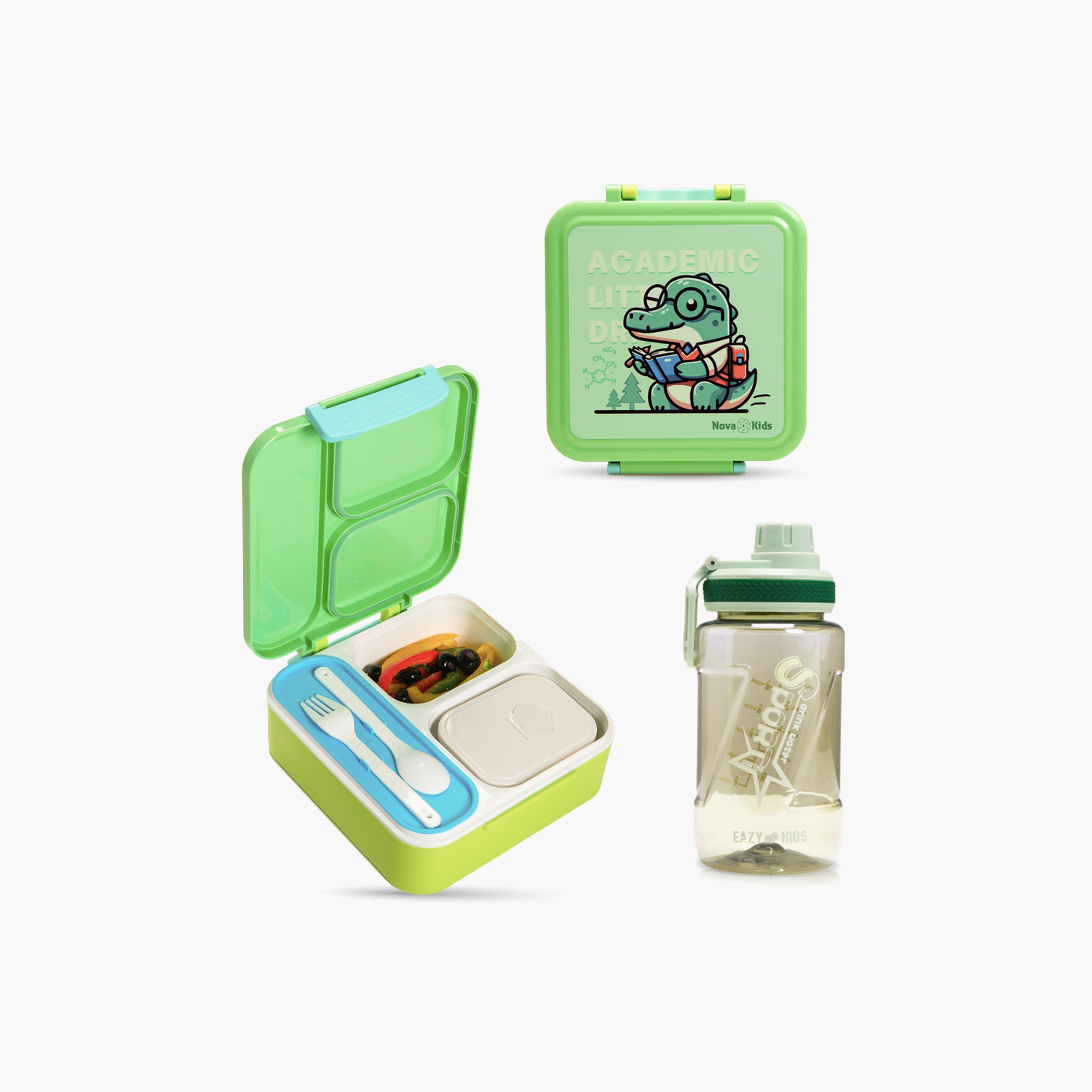 Nova Kids 3-Compartment Bento Lunch Box Set with Water Bottle - Dino - Green-school-lunchessentials-sets-image-1
