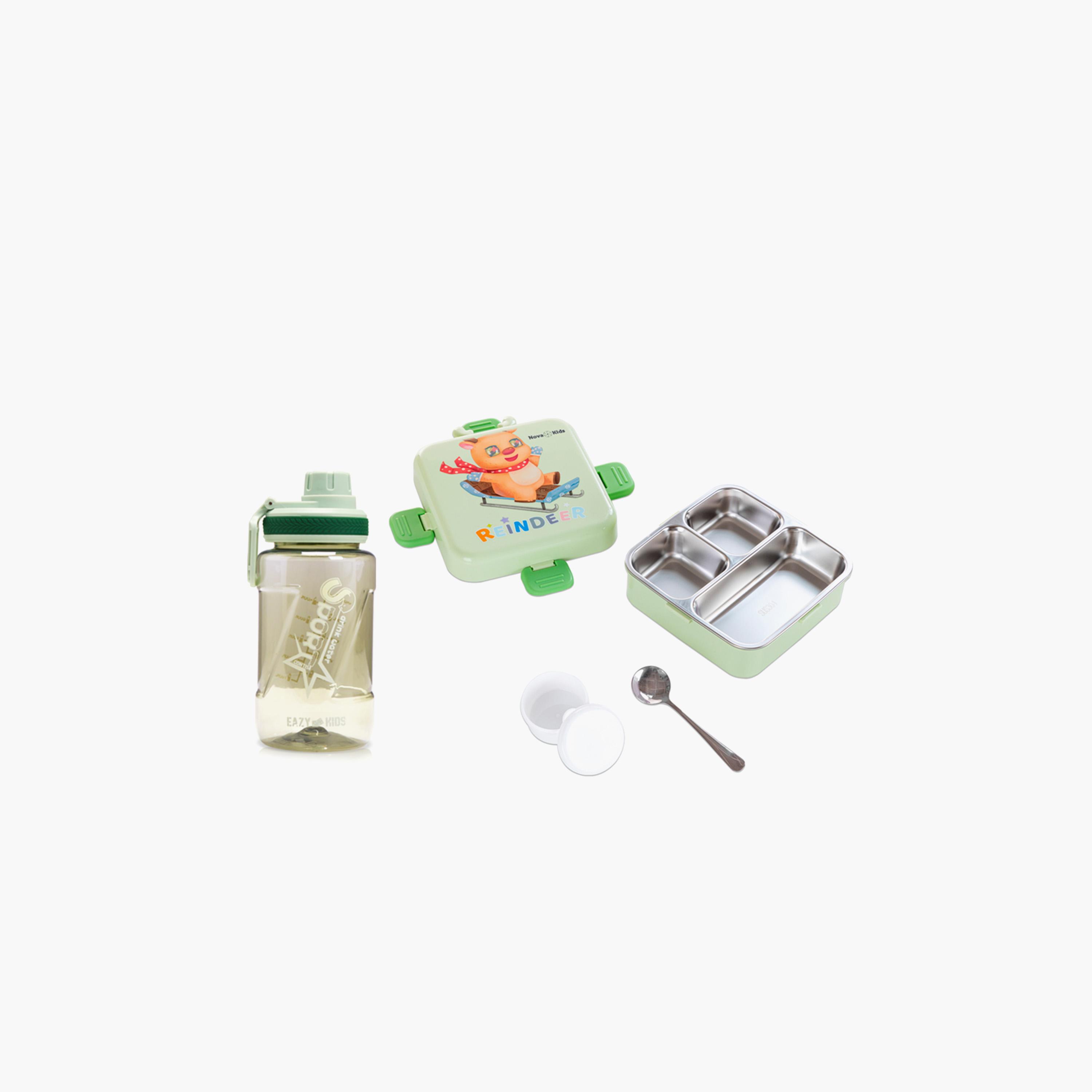 مجموعة صندوق غداء بينتو بثلاث أقسام مع زجاجة ماء من نوفا كيدز - رنة - أخضر-school-lunchessentials-sets-image-1