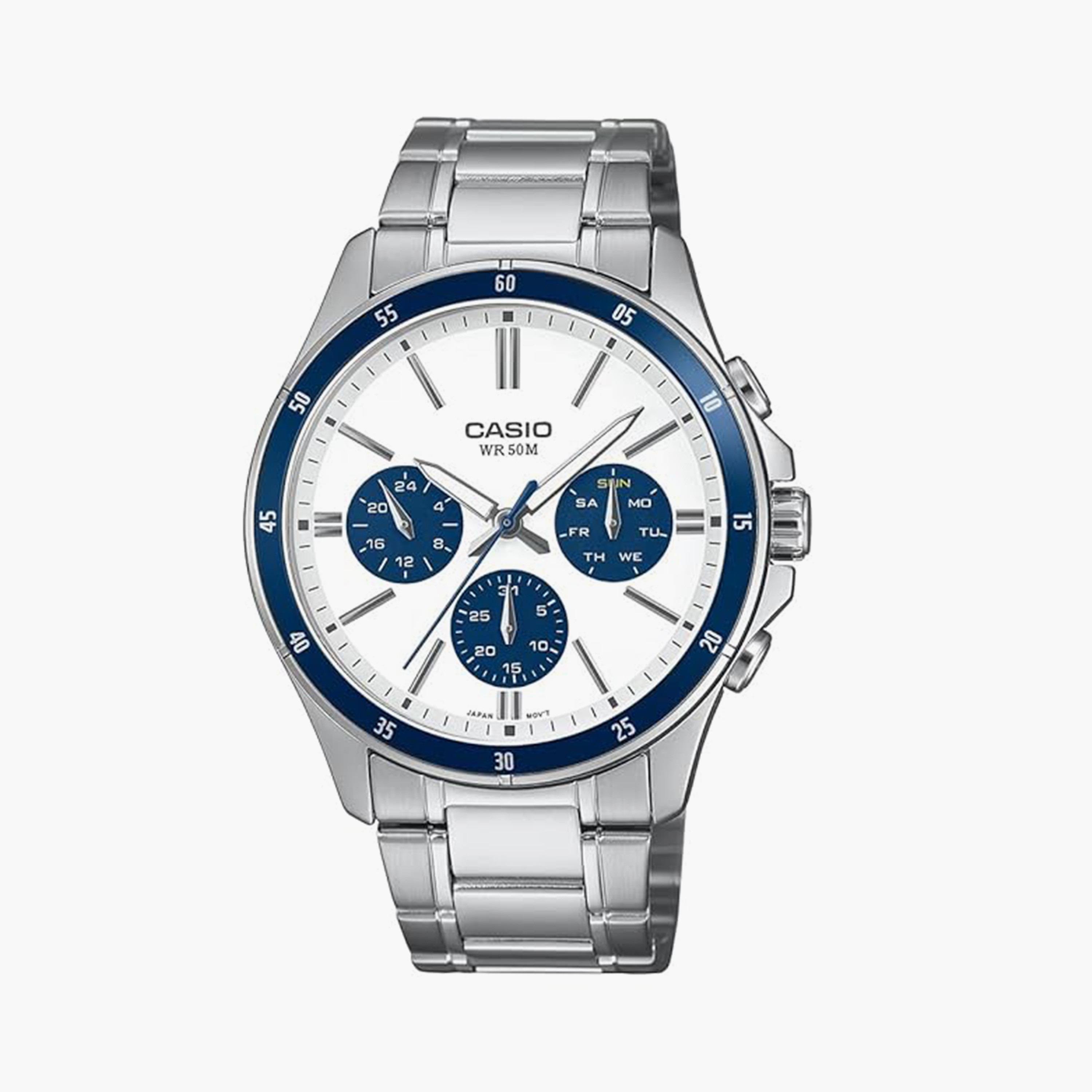 كاسيو- ساعة رجالية تناظرية حزام ستانلس ستيل لون فضي  43 مم | MTP-1374D-7A2VDF-men-watchesandjewellery-watches-image-1