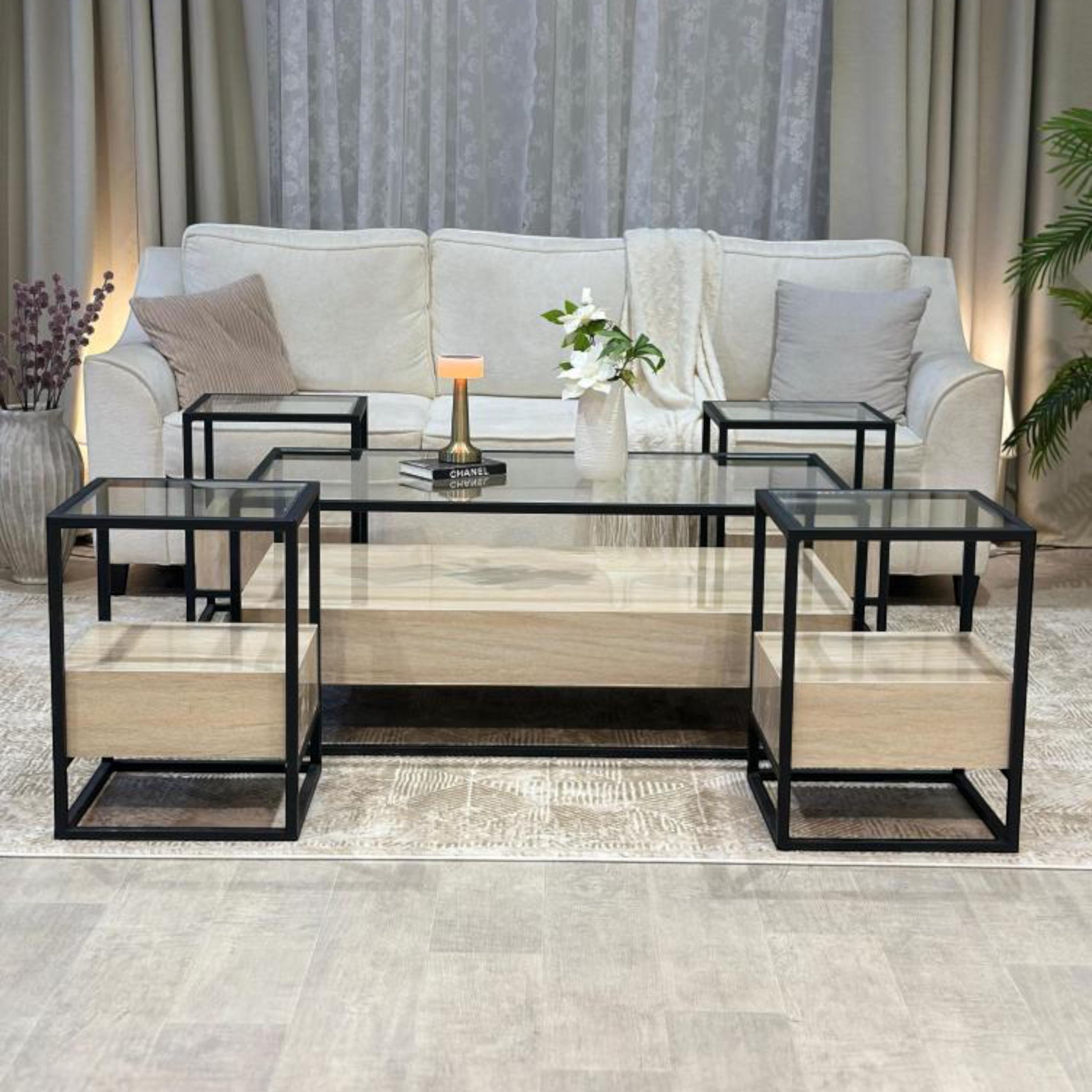 Glass Top 5-Piece Coffee Table and Side Table Set-furniture-livingroom-coffeetables-image-1