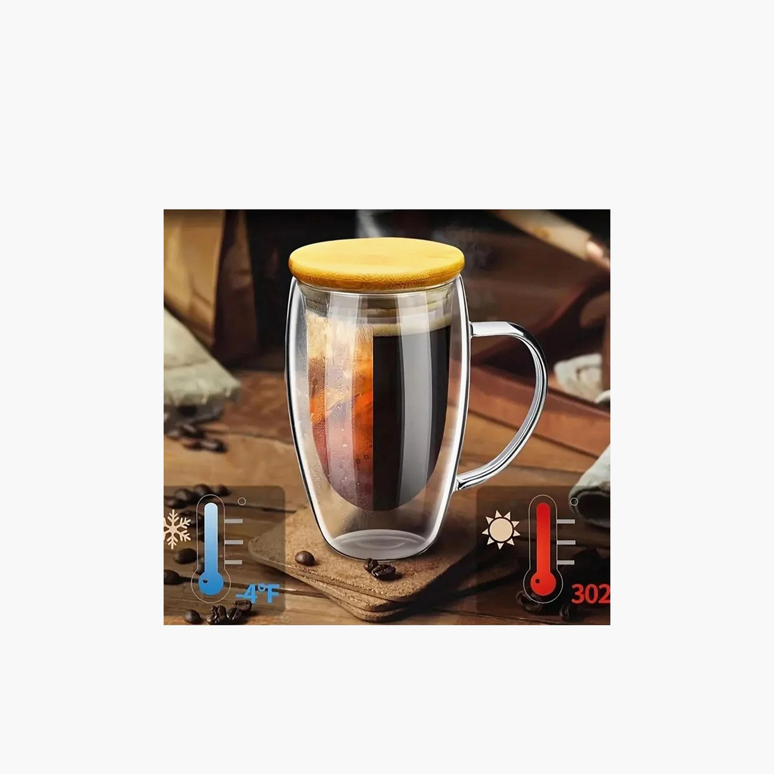 Double Wall 2-Piece Glass Coffee Cup with Handle and with Bamboo Lid Set - 450 ml-household-dining-teaandcoffee-mugsandcups-image-2