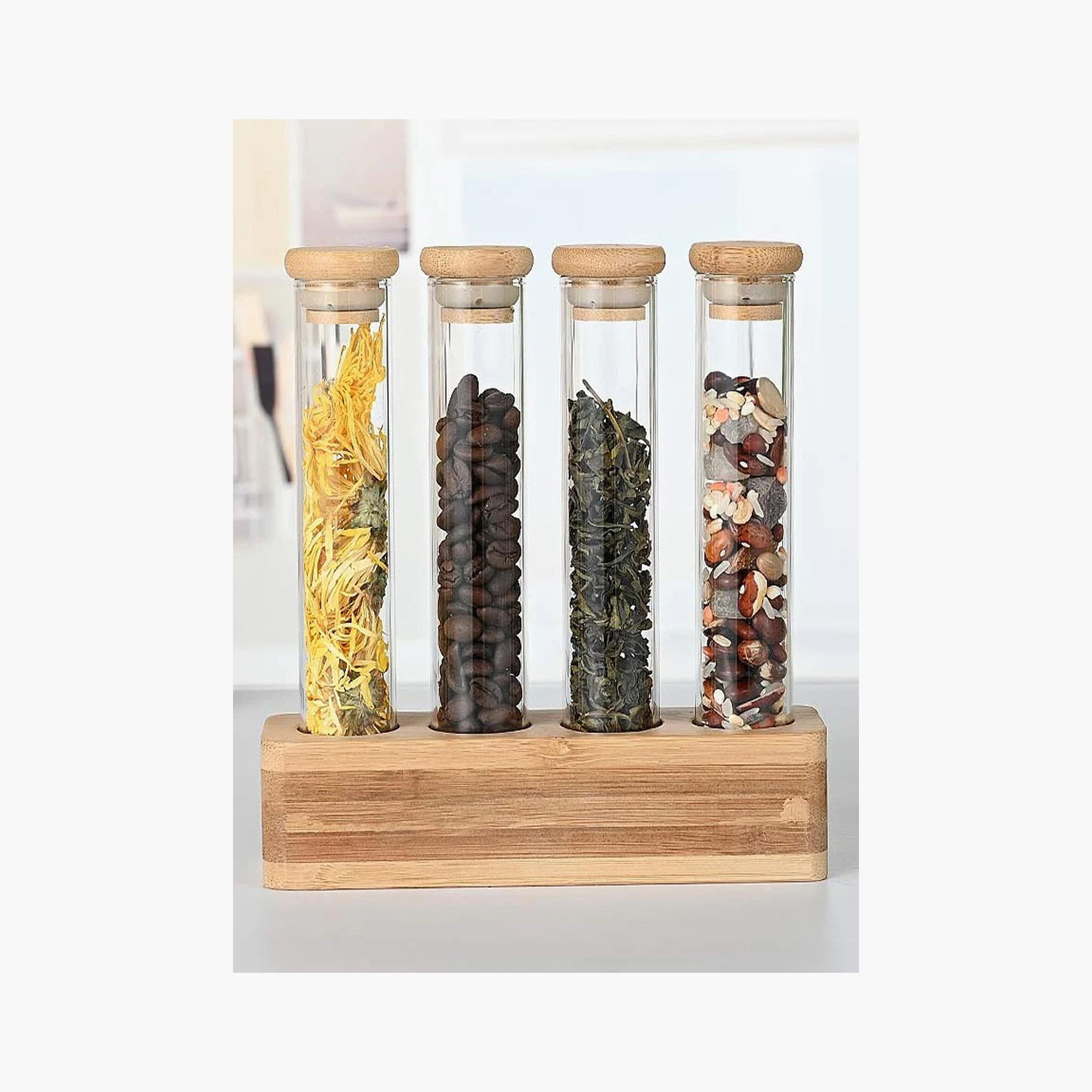 Borosilicate Glass 4-Piece  Spice Tubes with Bamboo Stand Set-household-kitchen-foodstorage-canistersandjars-image-1