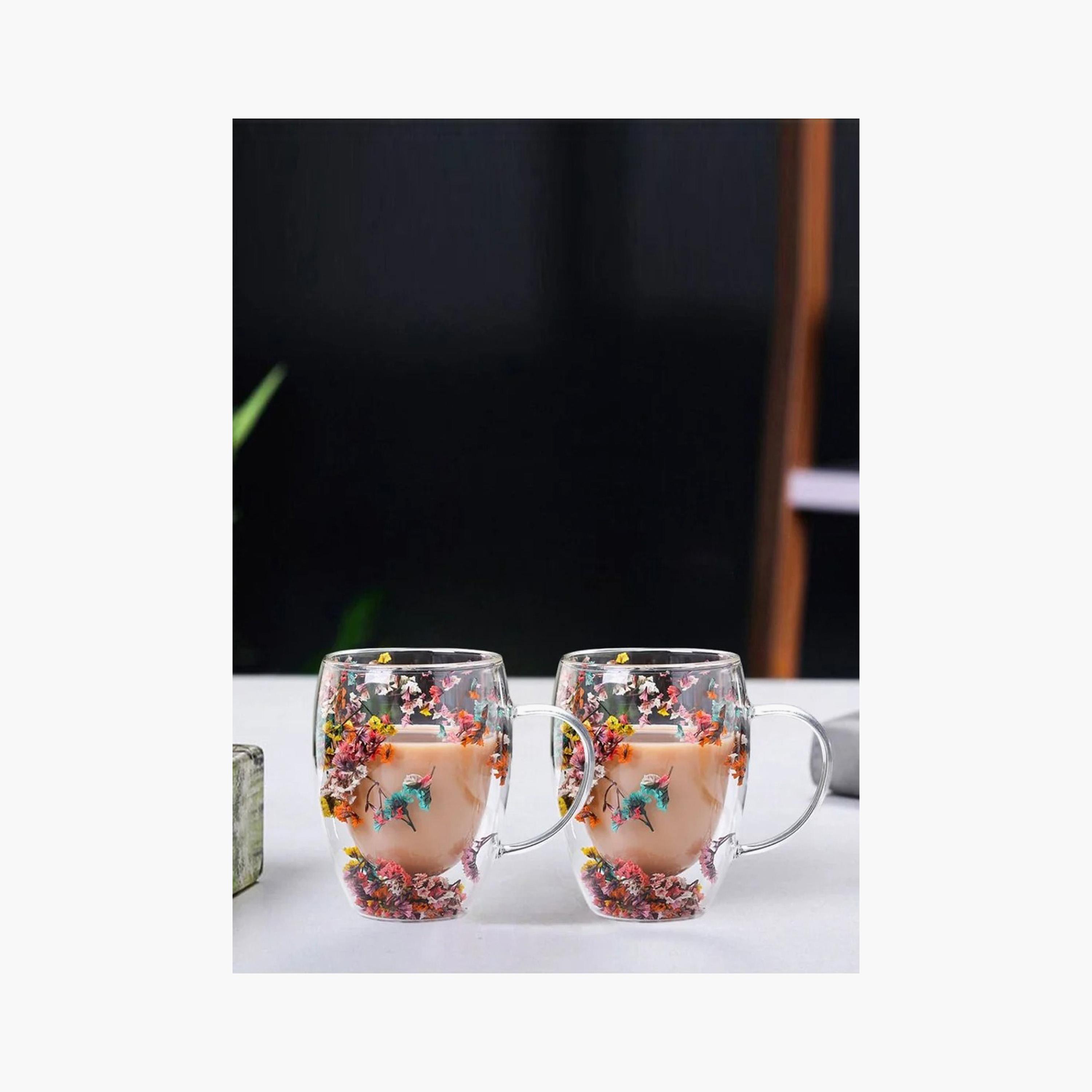 Borosilicate Glass 2-Piece Double Wall Flower Glass Coffee Cup Set - 350 ml-household-dining-teaandcoffee-mugsandcups-image-1